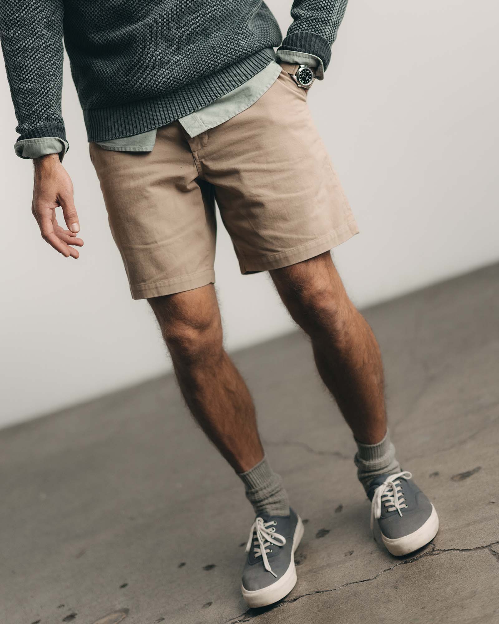 fit model showing off The Foundation Short in Organic Khaki, Bottoms by Taylor Stitch