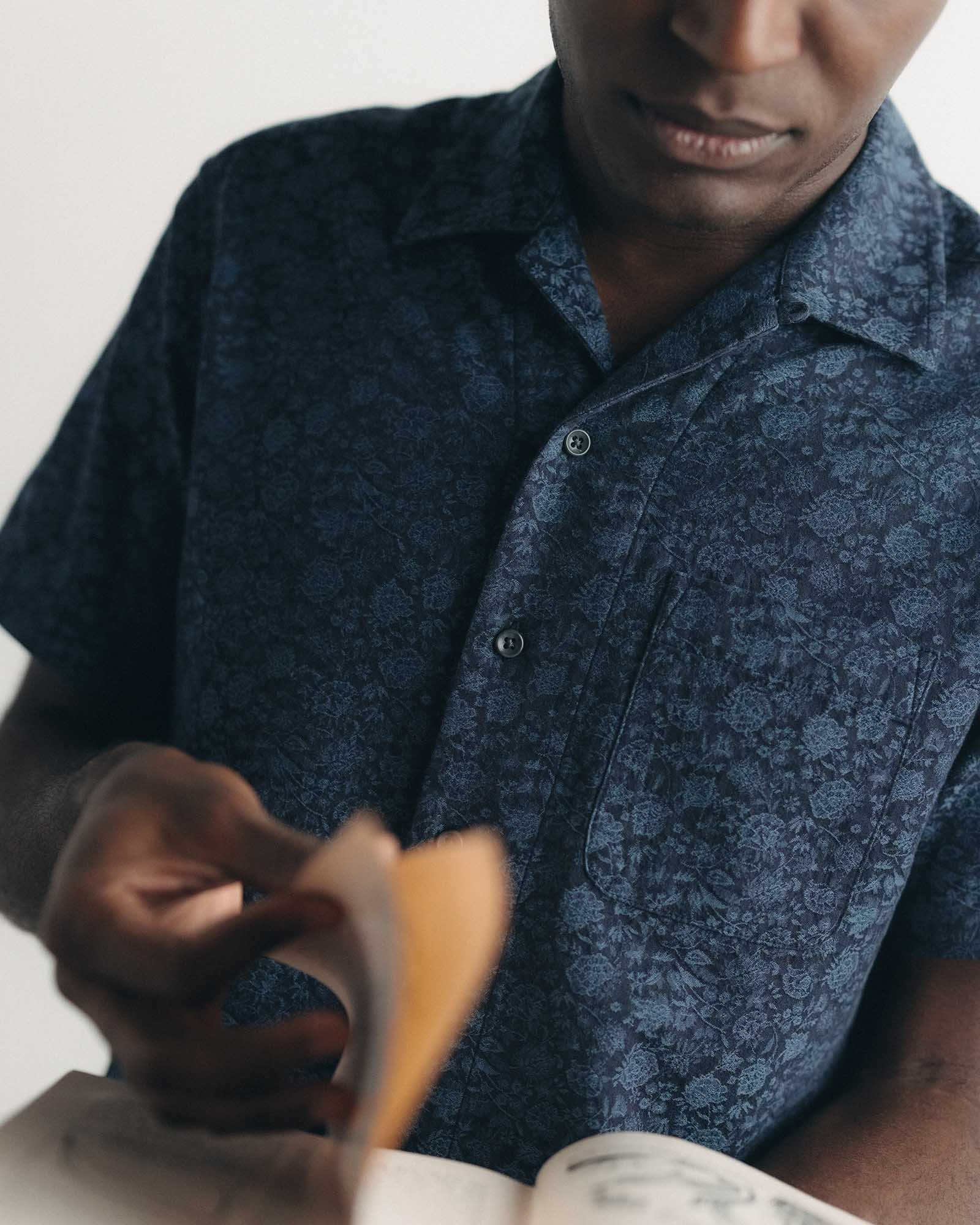 fit model posing in The Hawthorne Shirt in Japanese Night Bloom Jacquard, Wovens by Taylor Stitch