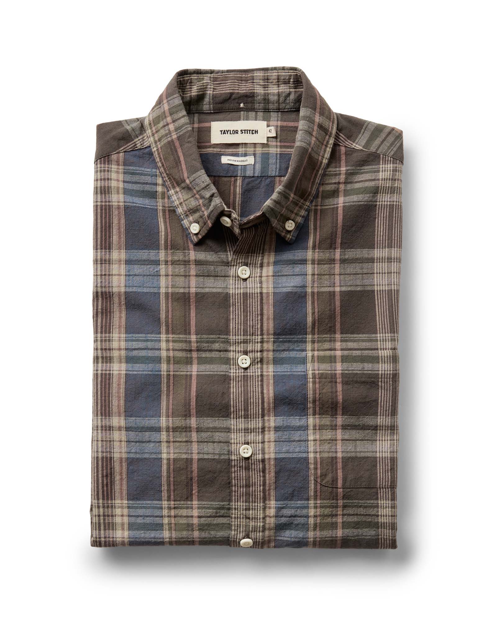 folded flatlay of The Jack in Atlantic Blue Madras, Wovens by Taylor Stitch