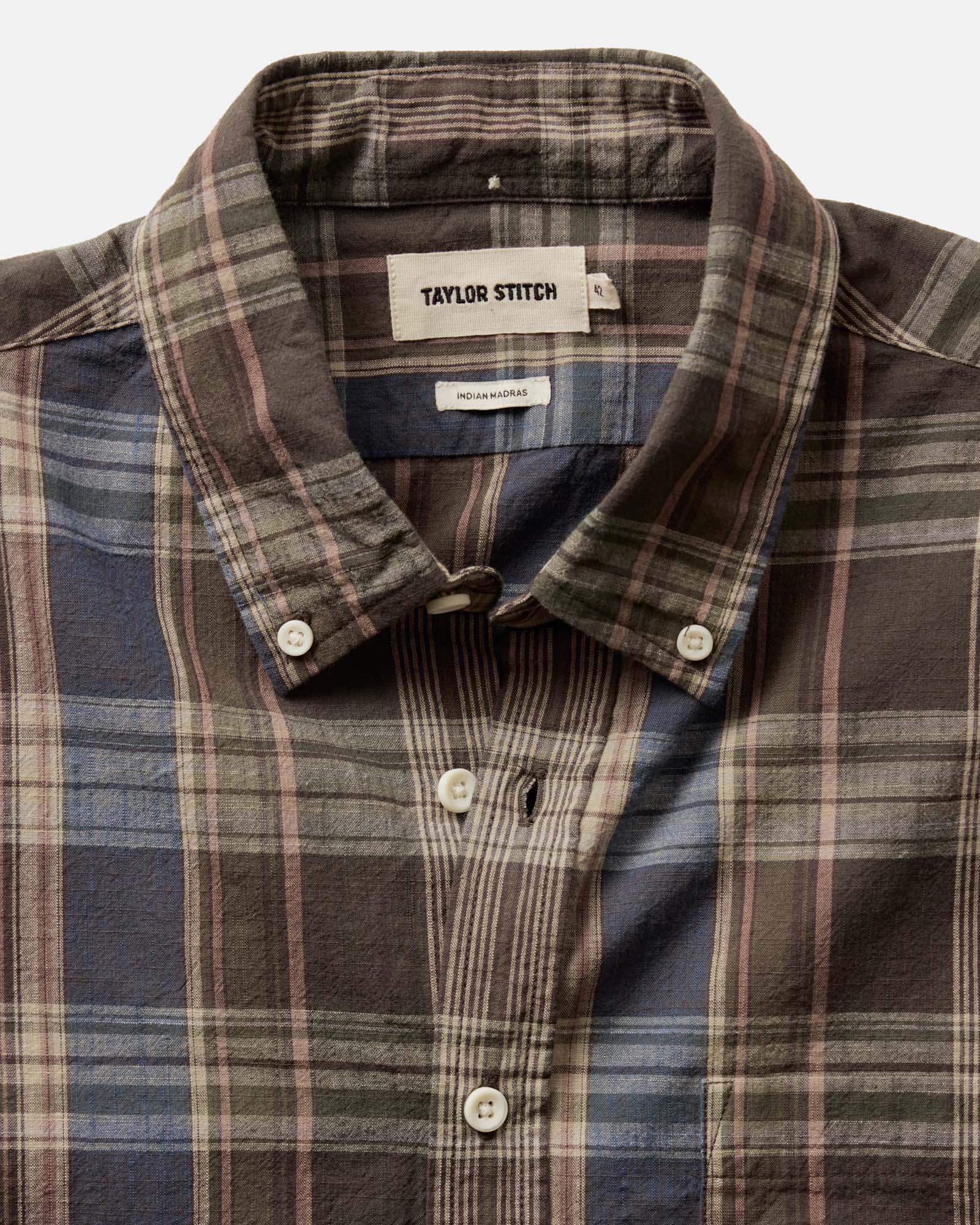 material shot of the collar on The Jack in Atlantic Blue Madras, Wovens by Taylor Stitch