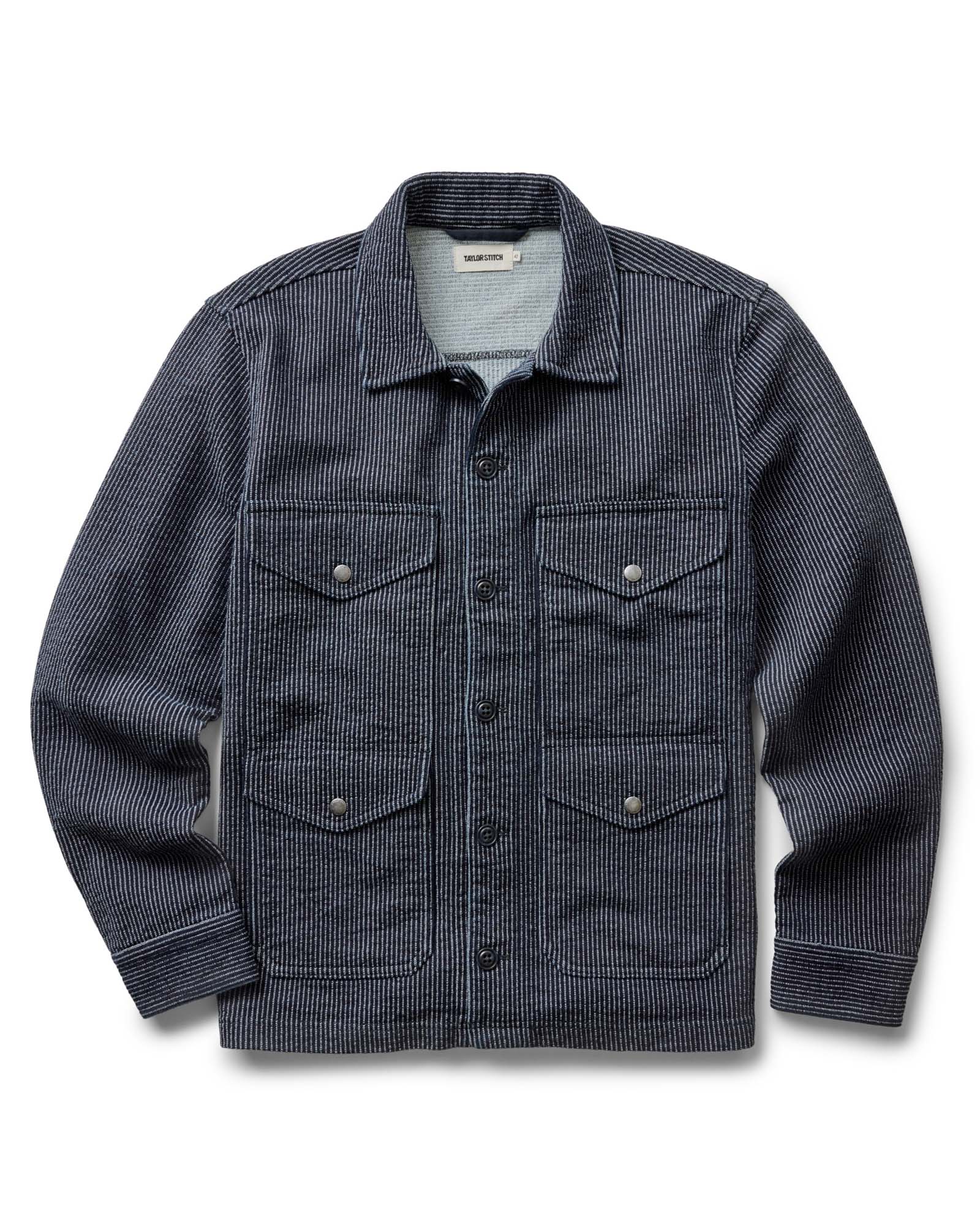 flatlay of The Jackson Jacket in Rinsed Indigo French Terry Stripe, Outerwear by Taylor Stitch