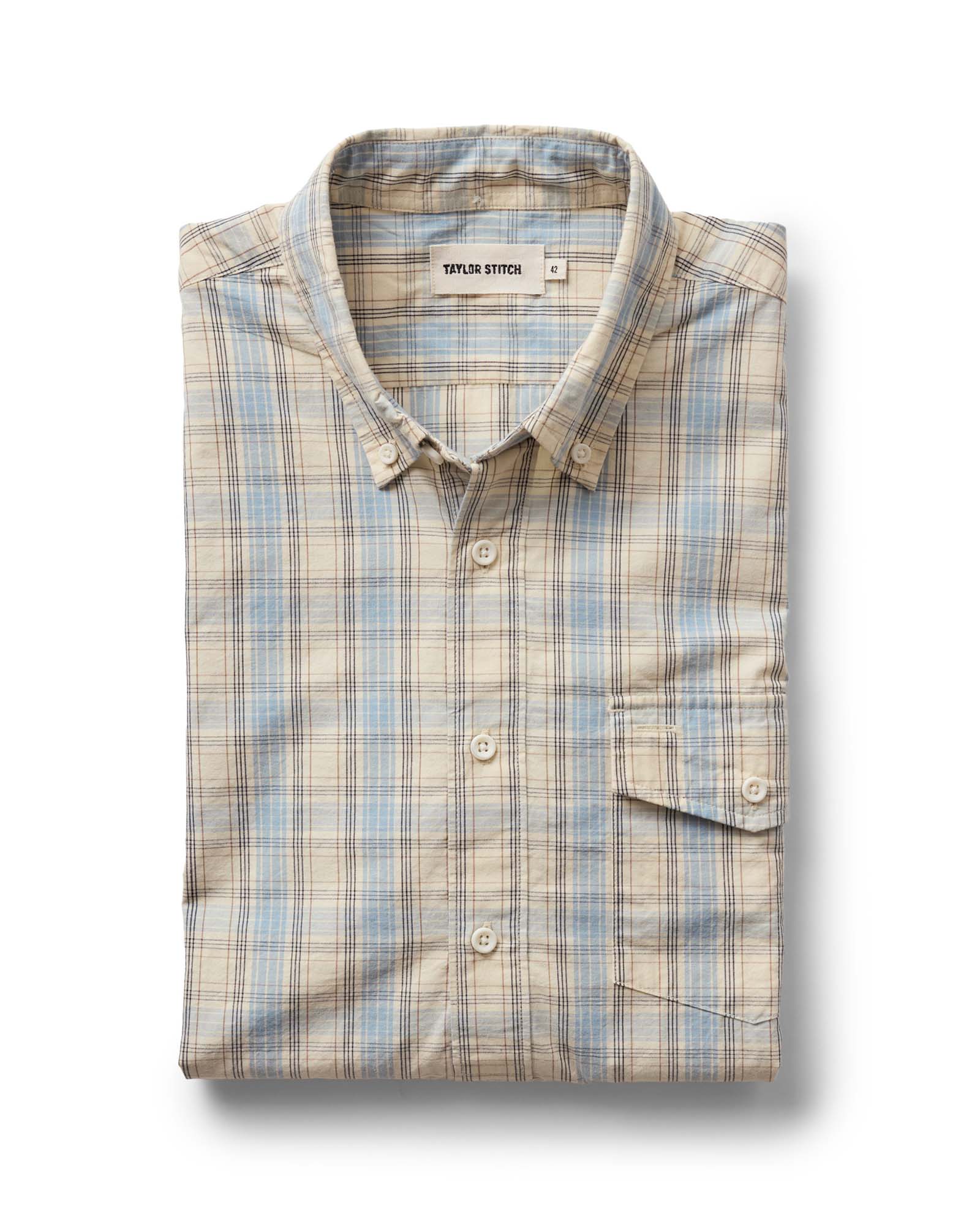 folded flatlay of The Logan Popover in Blue Sky Plaid, Wovens by Taylor Stitch