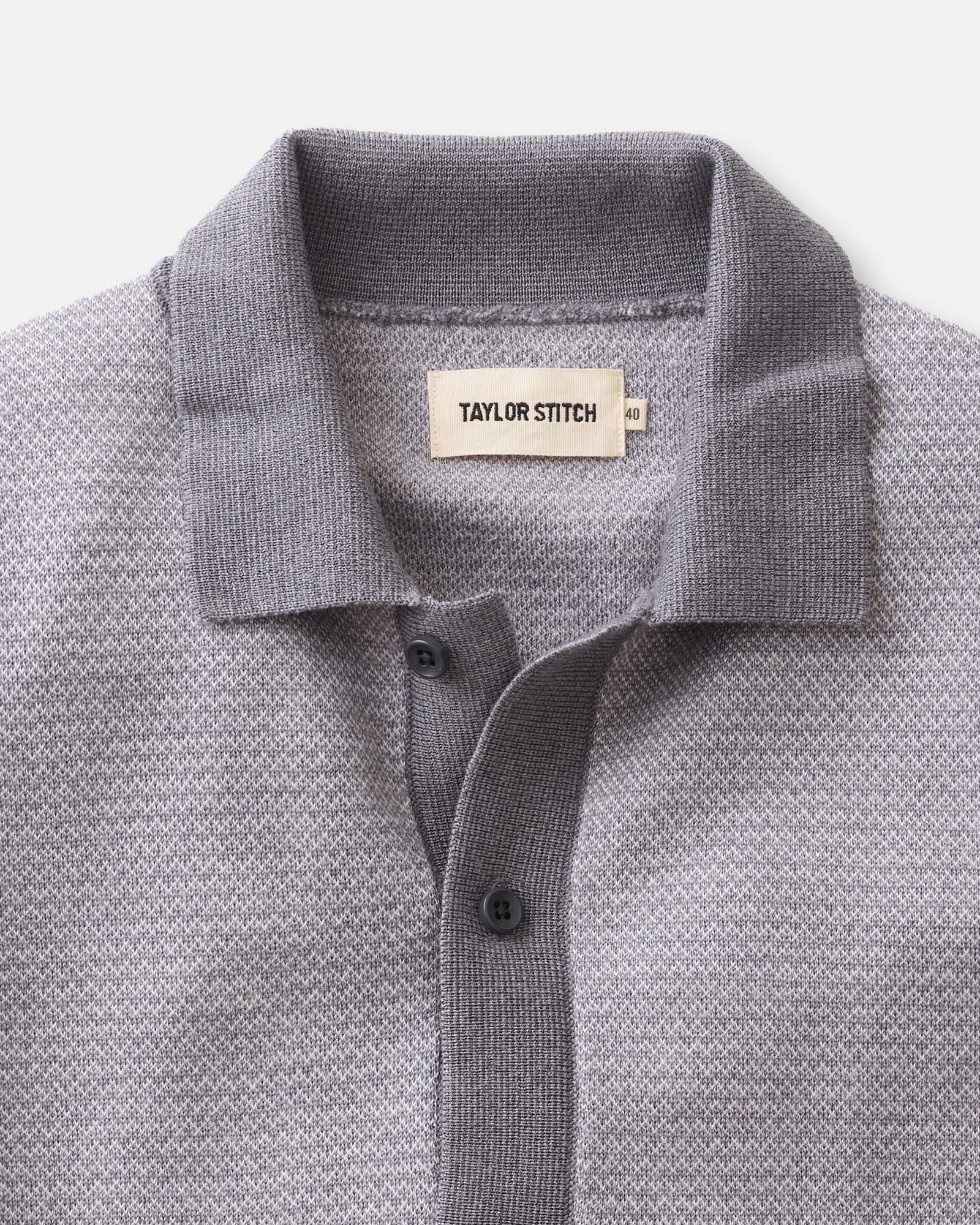 material shot of the collar on The Nichols Polo in Heather Grey Birdseye Merino, Knits by Taylor Stitch