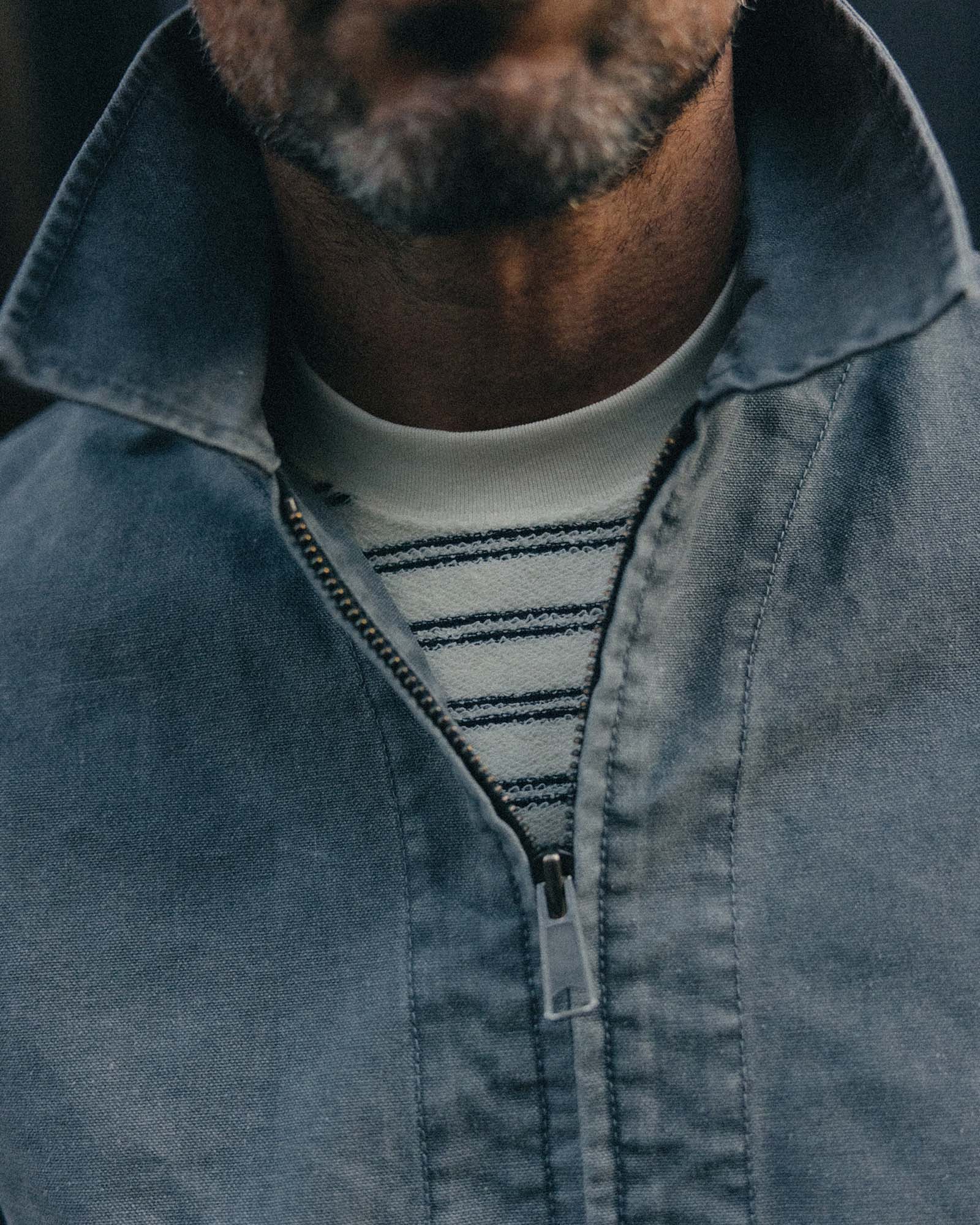 fit model showing off the collar on The Shifter Jacket in Dark Grey Pigment Canvas, Outerwear by Taylor Stitch