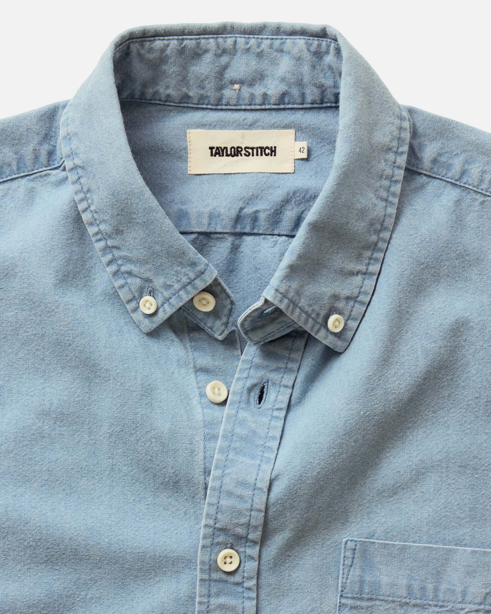 material shot of the collar on The Short Sleeve Jack in Washed Indigo Oxford, Wovens by Taylor Stitch