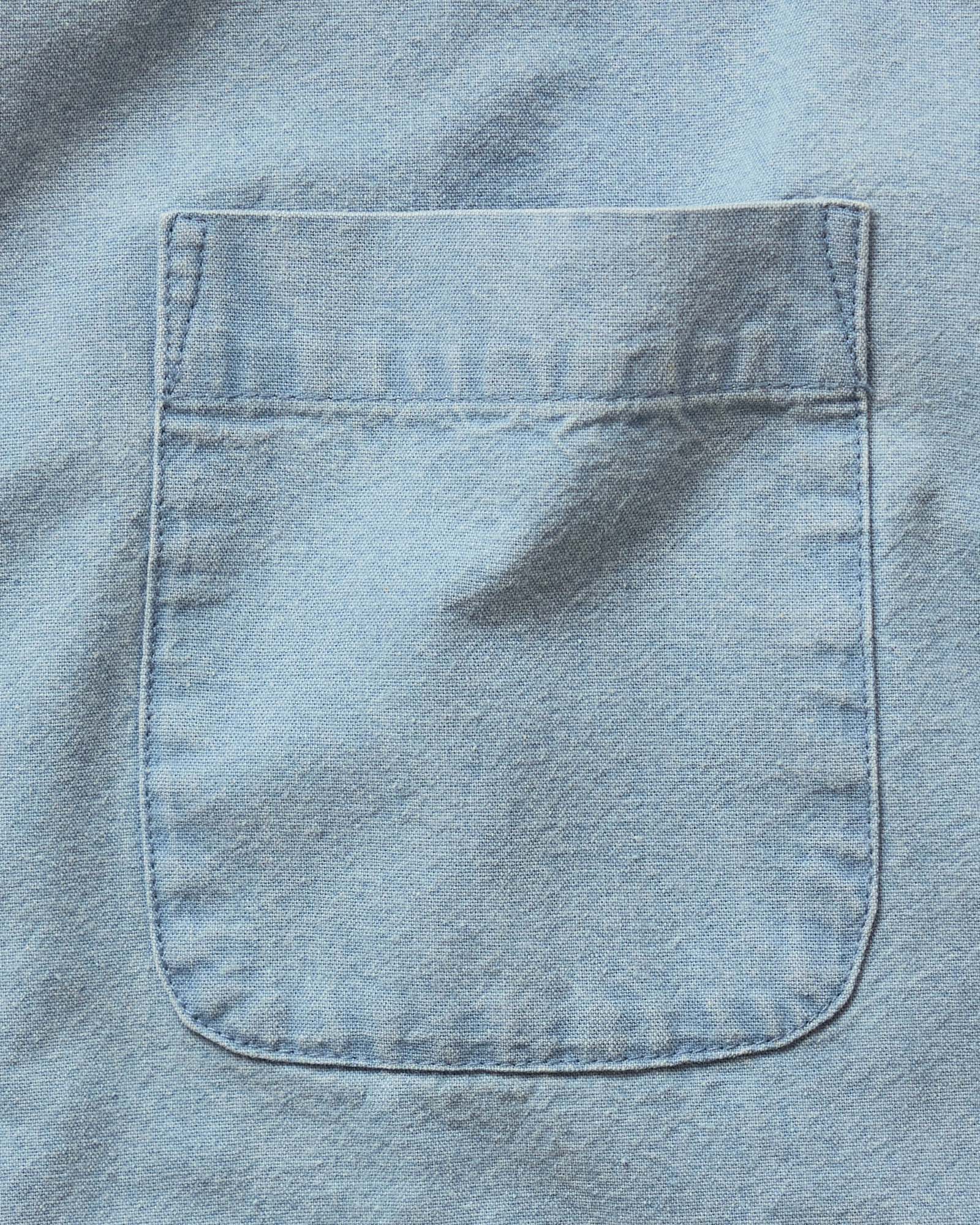 material shot of the pocket on The Short Sleeve Jack in Washed Indigo Oxford, Wovens by Taylor Stitch
