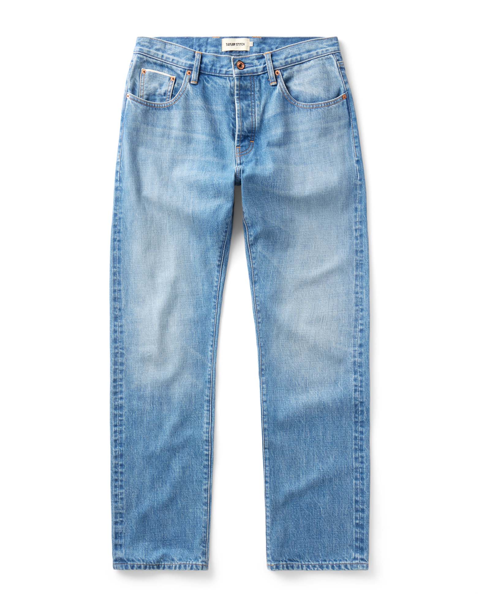 flatlay of The Straight Jean in Light Wash Organic Selvedge, Bottoms by Taylor Stitch