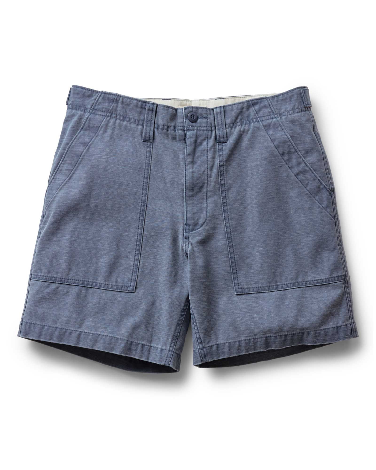 flatlay of The Surplus Short in Dark Navy Reverse Sateen, Bottoms by Taylor Stitch