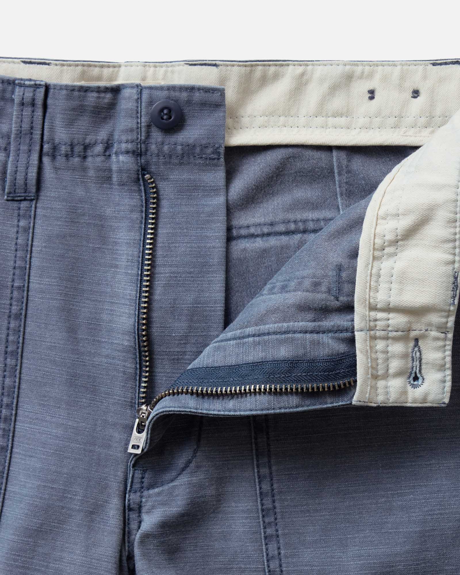 material shot of the zipper on The Surplus Short in Dark Navy Reverse Sateen, Bottoms by Taylor Stitch