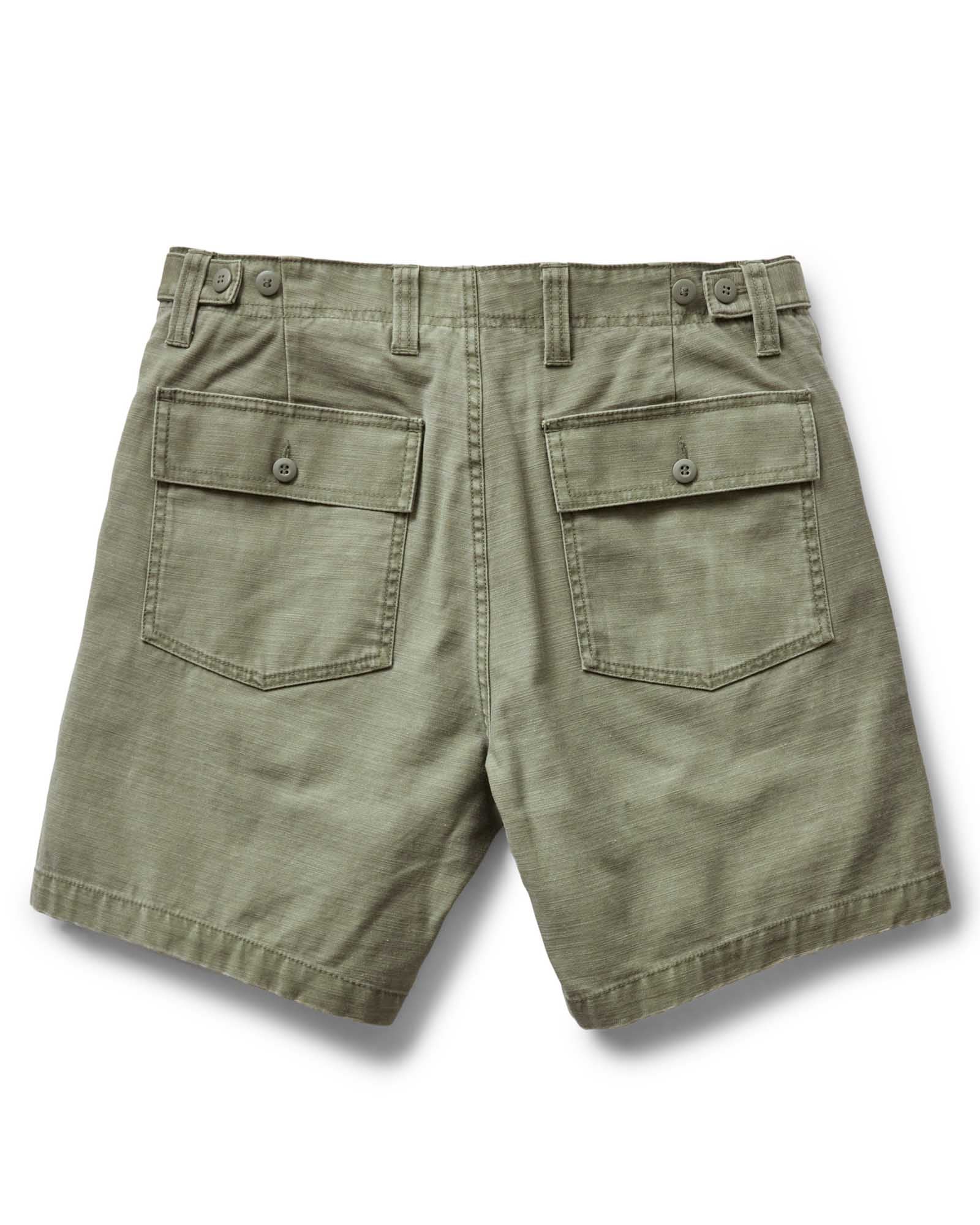 flatlay of the back of The Surplus Short in Field Olive Reverse Sateen, Bottoms by Taylor Stitch