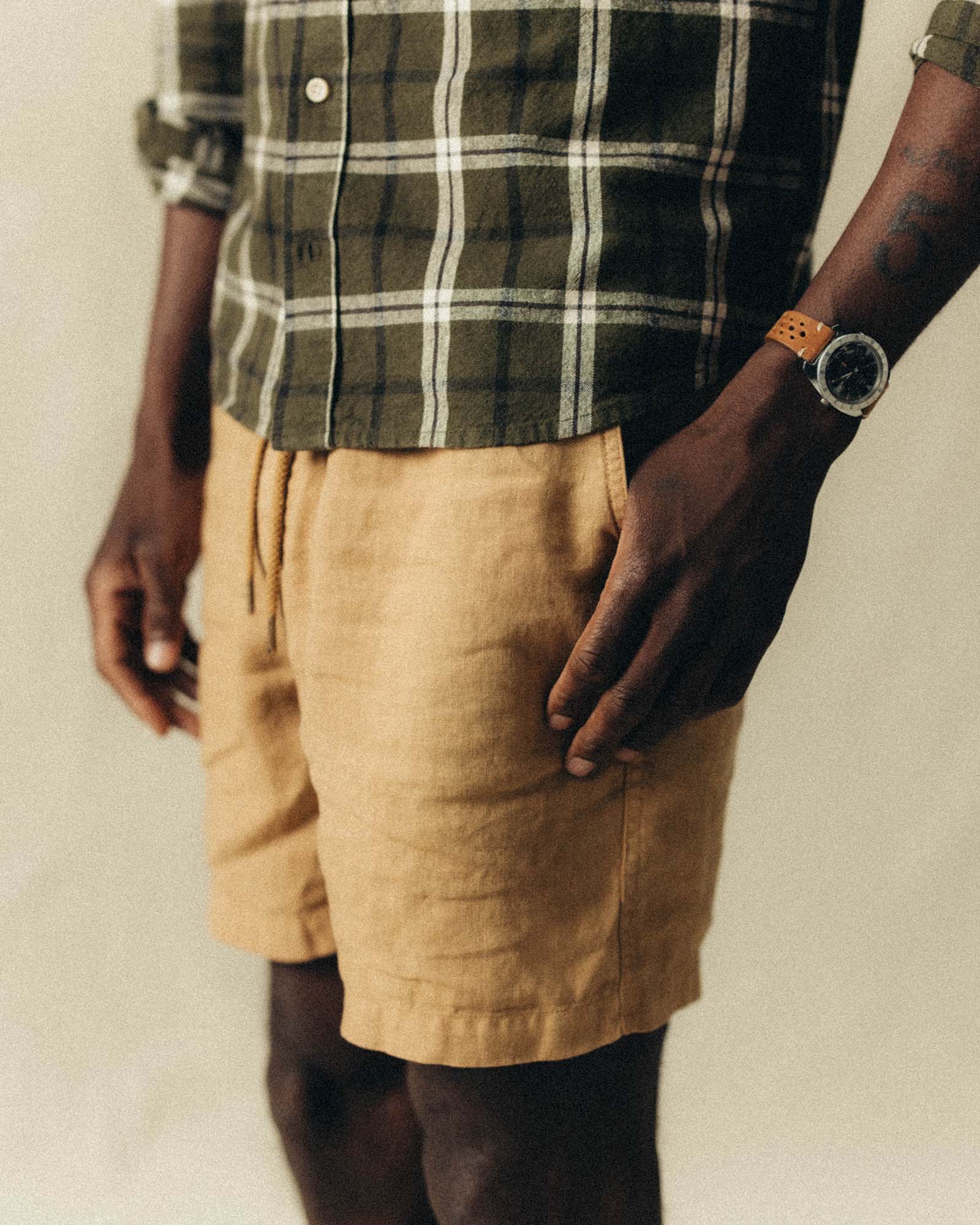 Model showing the front of The Apres Short in Wheat Hemp, Bottoms by Taylor Stitch