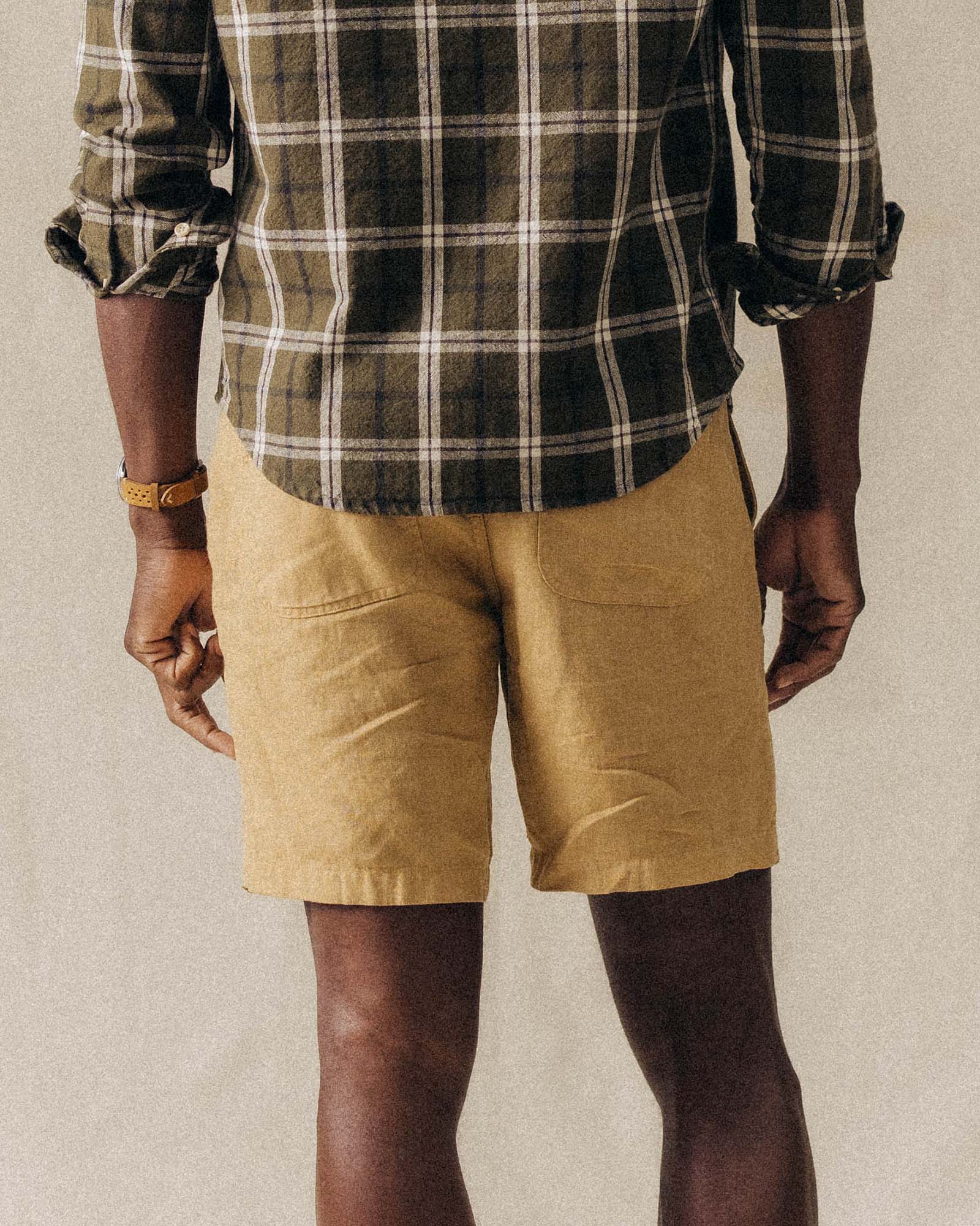 Model showing the back of The Apres Short in Wheat Hemp, Bottoms by Taylor Stitch