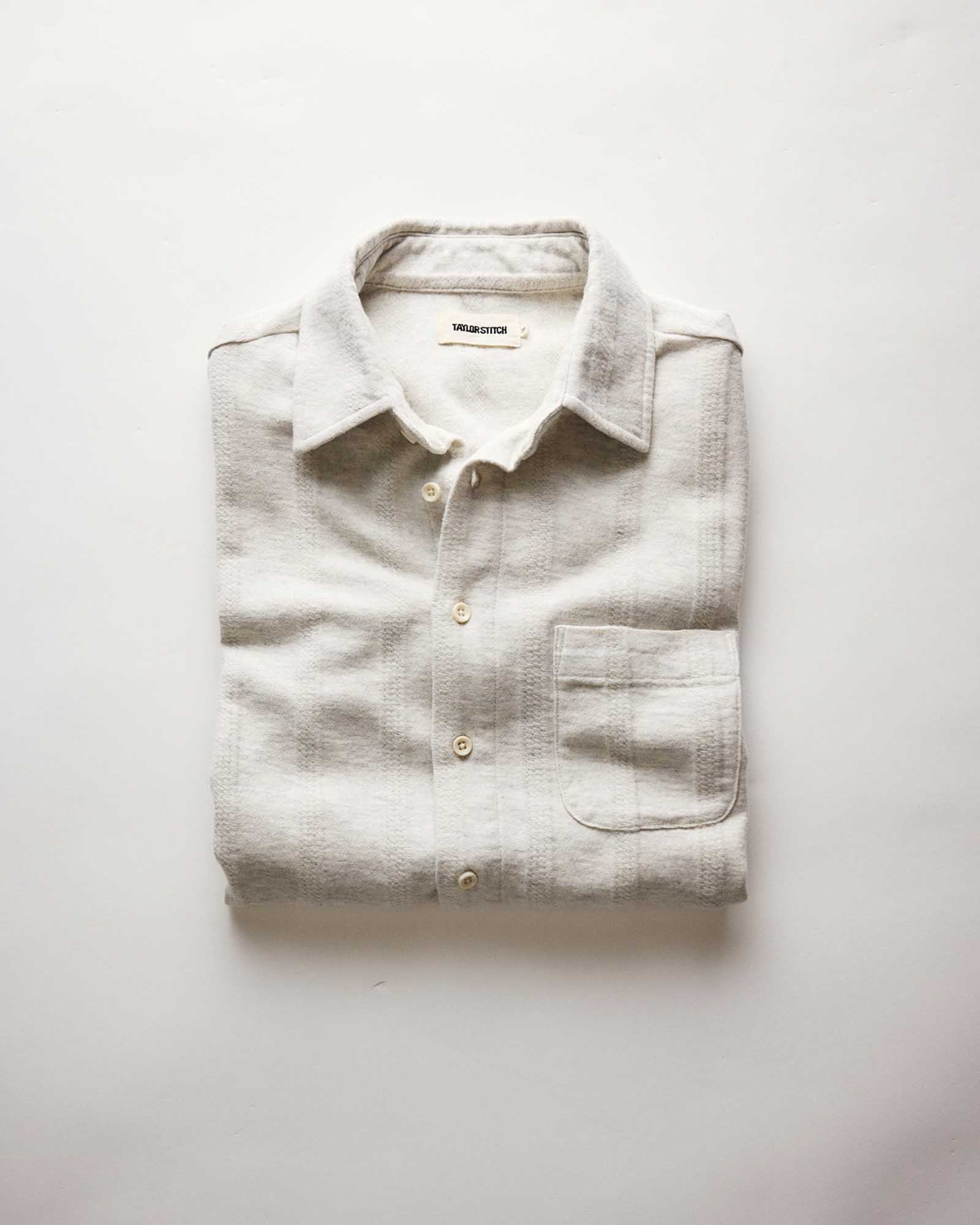 folded flatlay of The Short Sleeve California in Heather Ash Pointelle Stripe, Knits by Taylor Stitch
