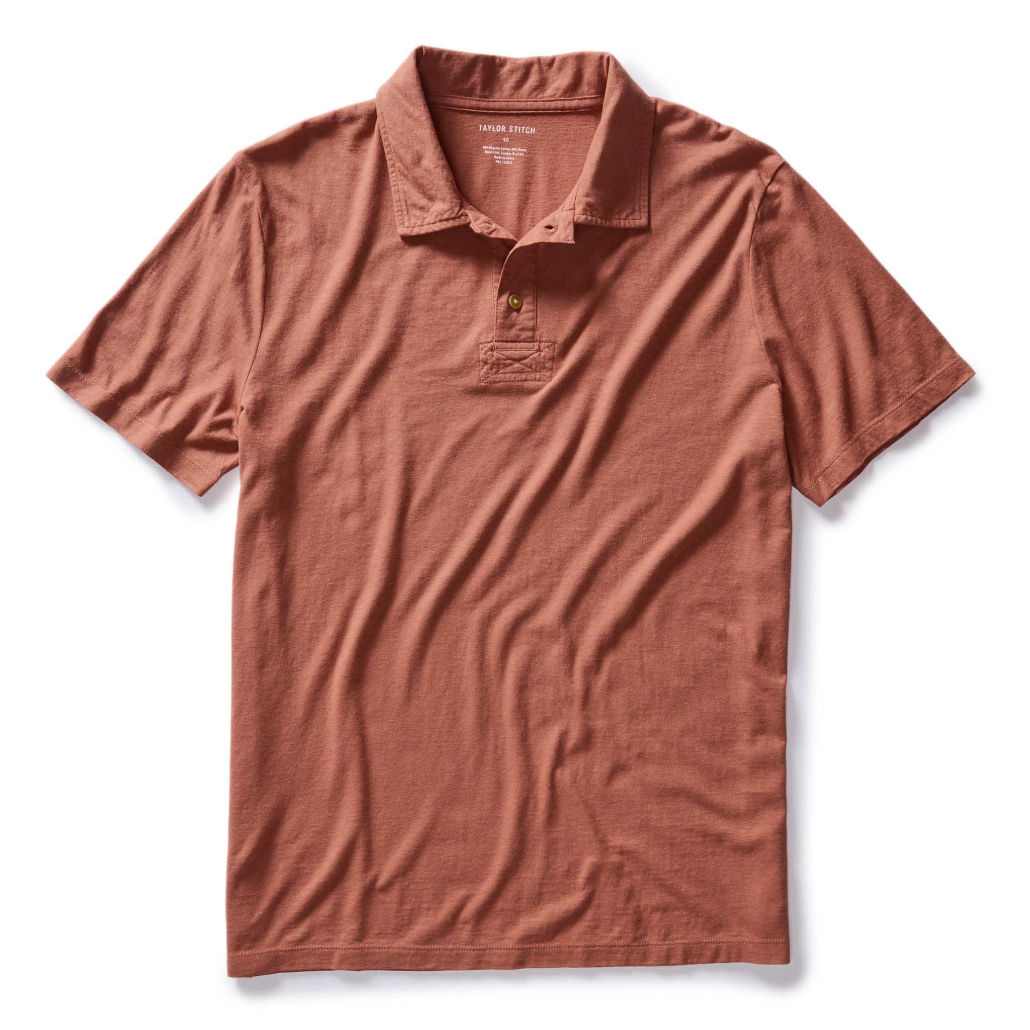 flatlay of The Cotton Hemp Polo in Fired Clay, Knits by Taylor Stitch