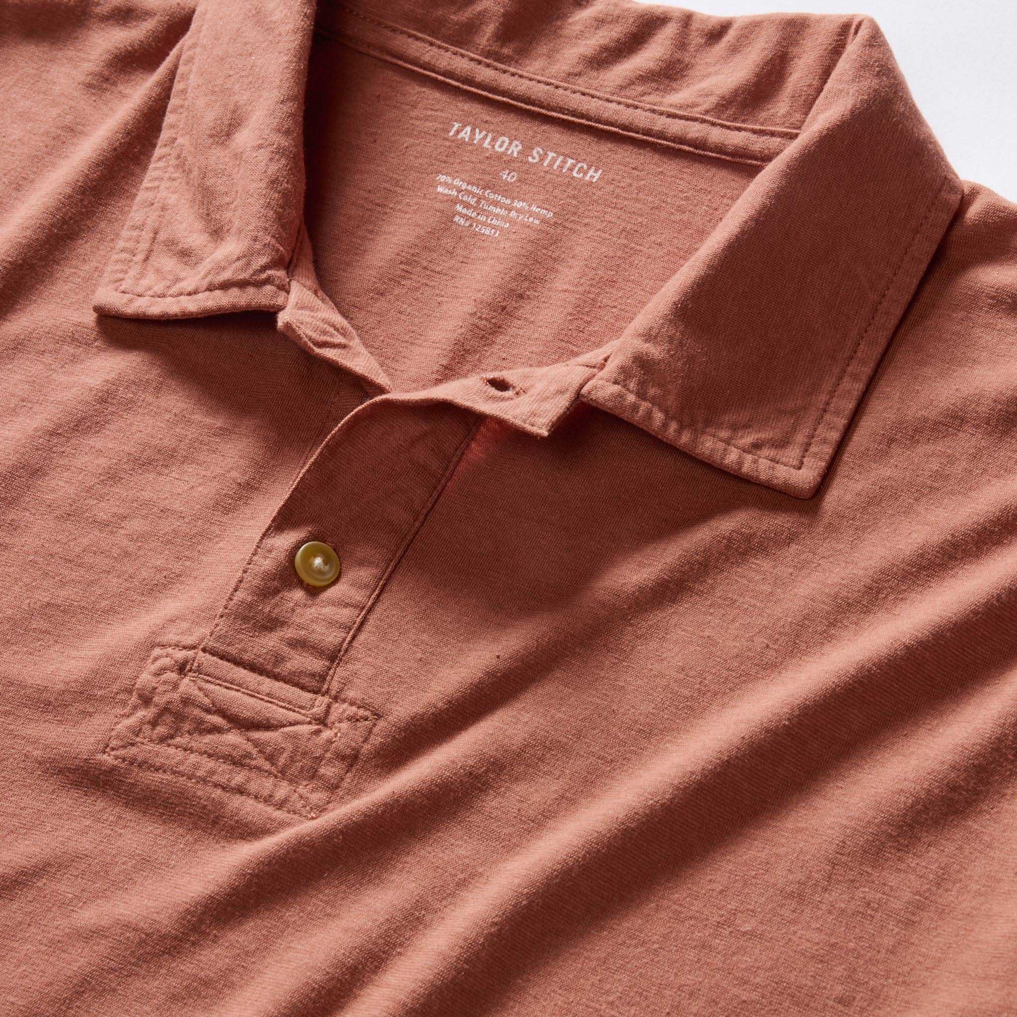 material shot of the collar on The Cotton Hemp Polo in Fired Clay, Knits by Taylor Stitch