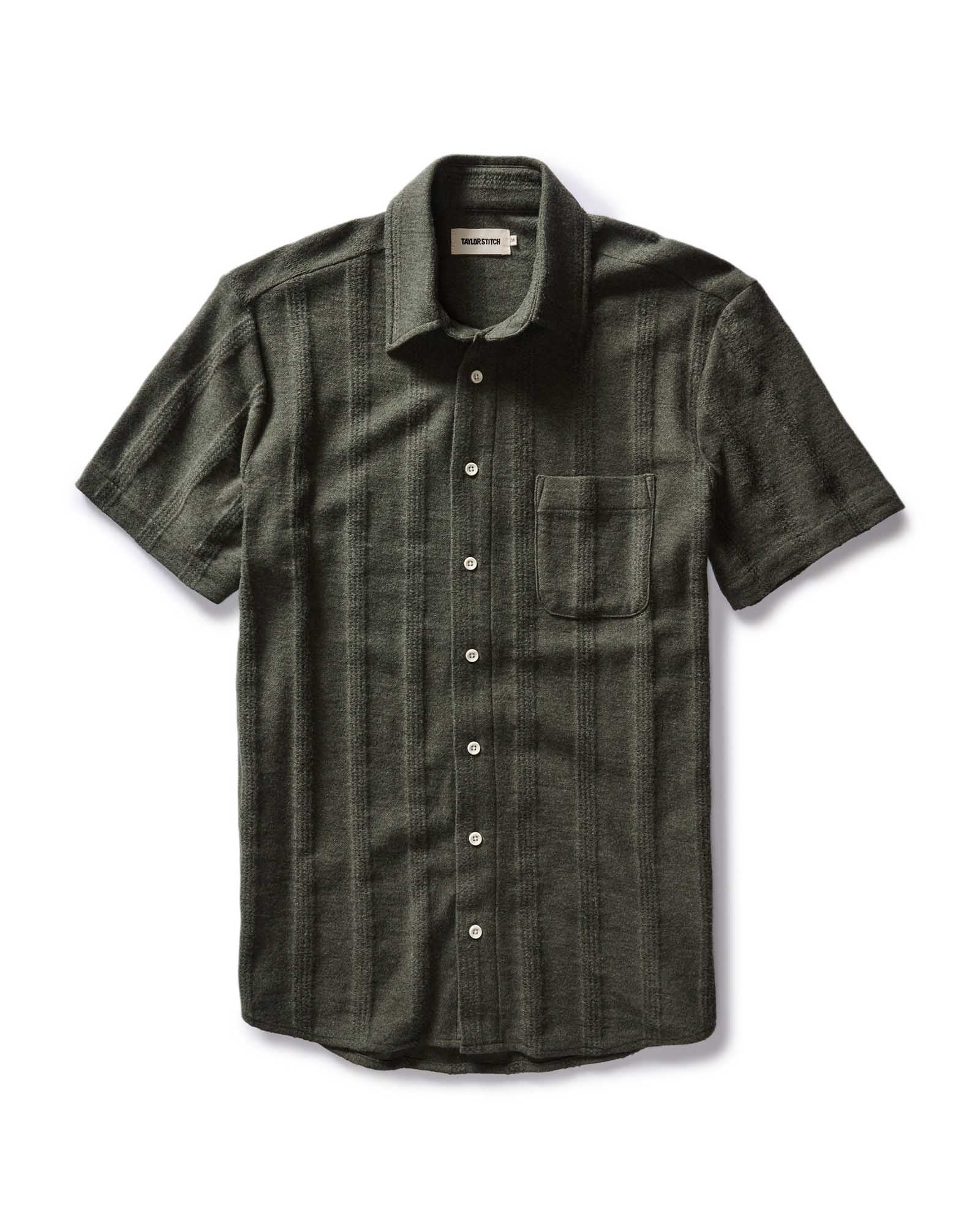 flatlay of The Short Sleeve California in Heather Olive Pointelle Stripe, Knits by Taylor Stitch