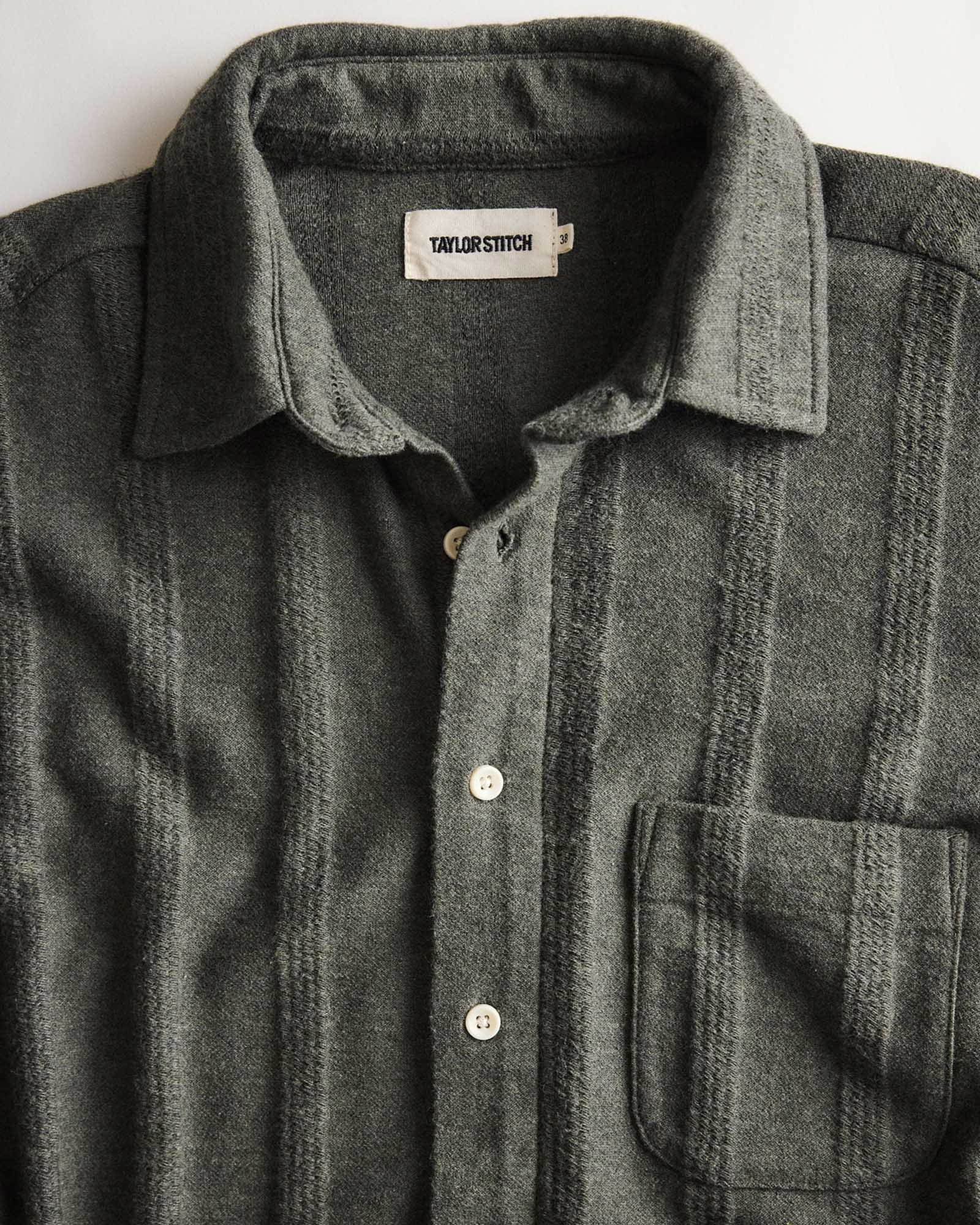 material shot of the collar on The Short Sleeve California in Heather Olive Pointelle Stripe, Knits by Taylor Stitch