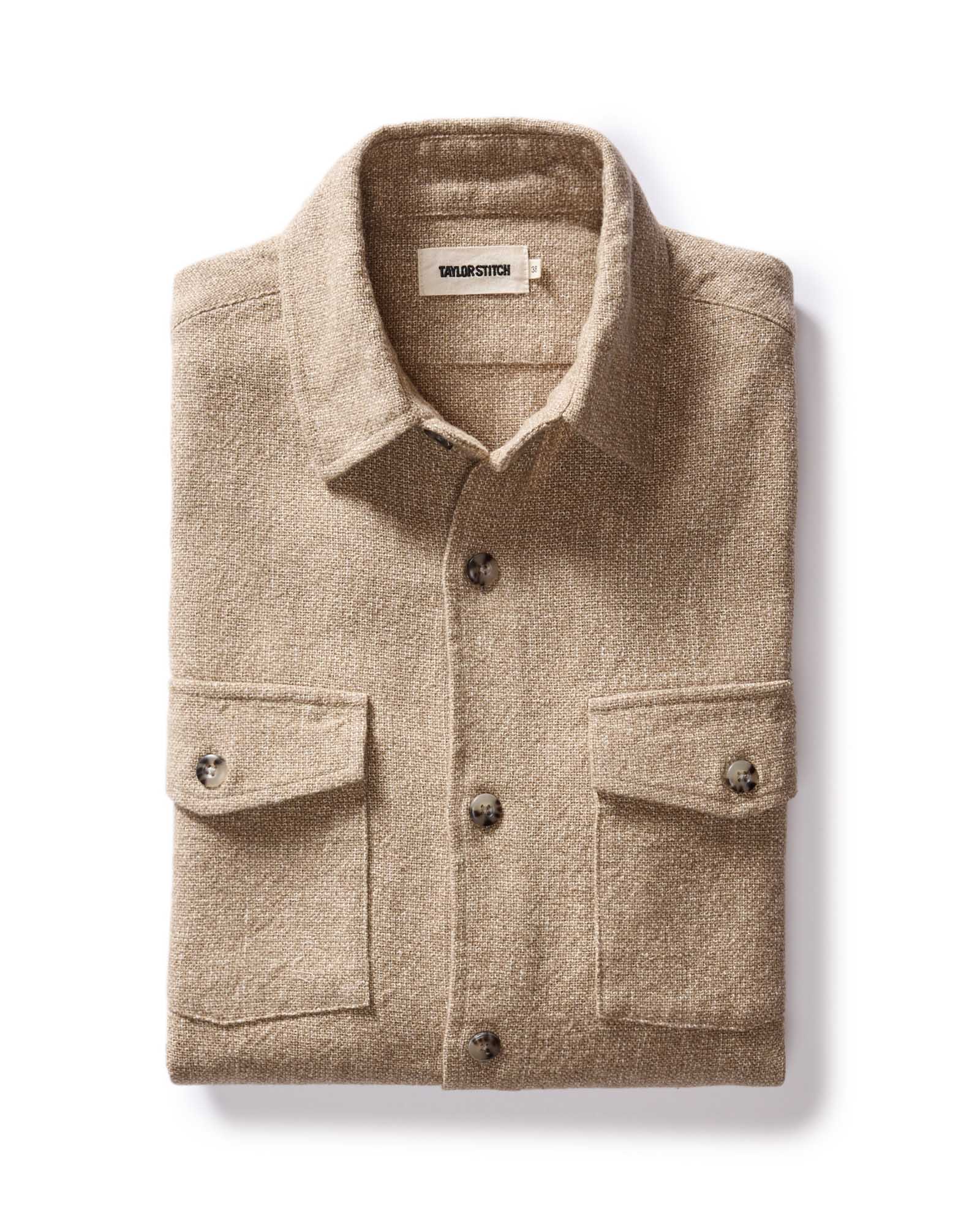 folded flatlay of The Point Shirt in Heather Oat Linen Tweed, Wovens by Taylor Stitch