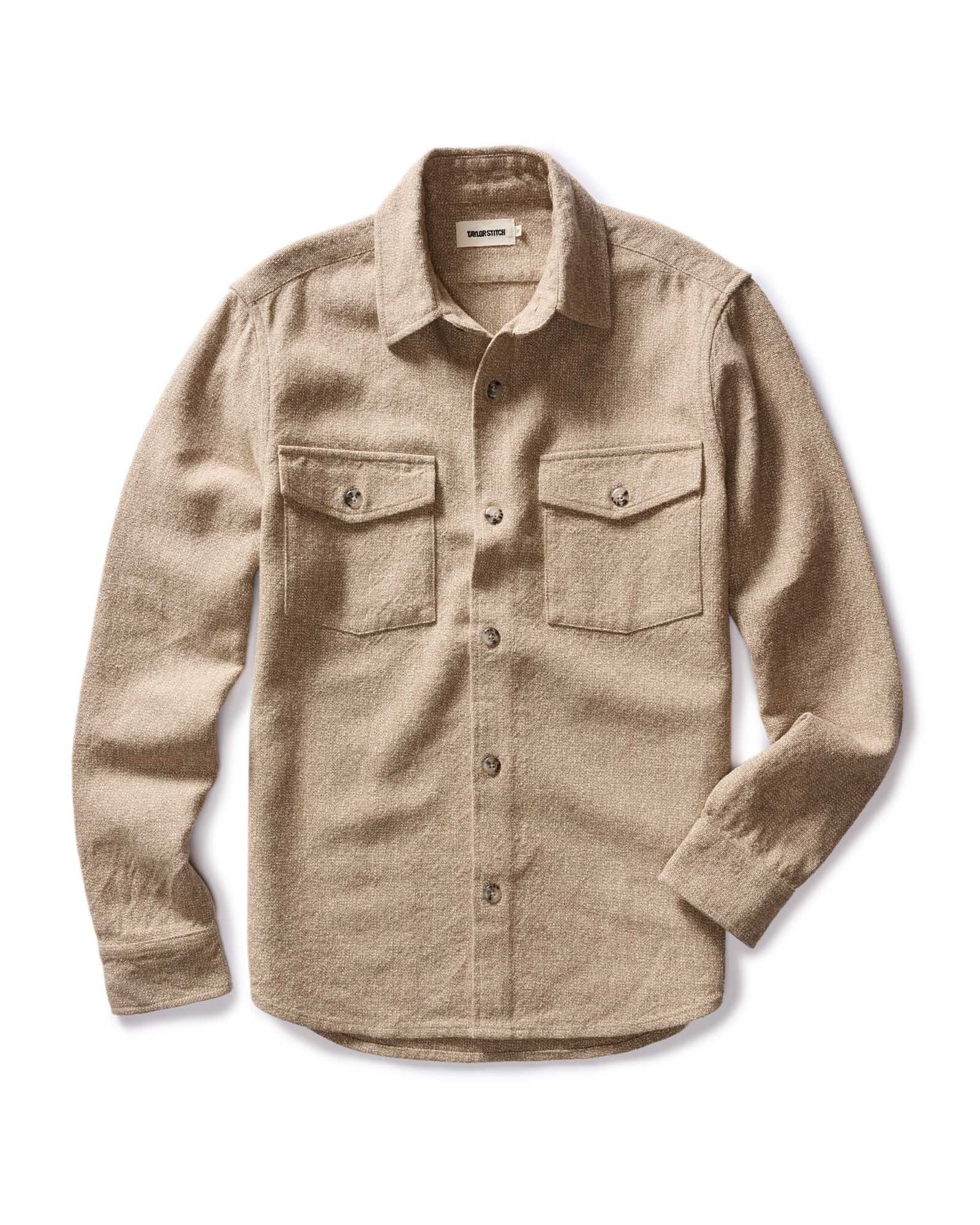 flatlay of The Point Shirt in Heather Oat Linen Tweed, Wovens by Taylor Stitch