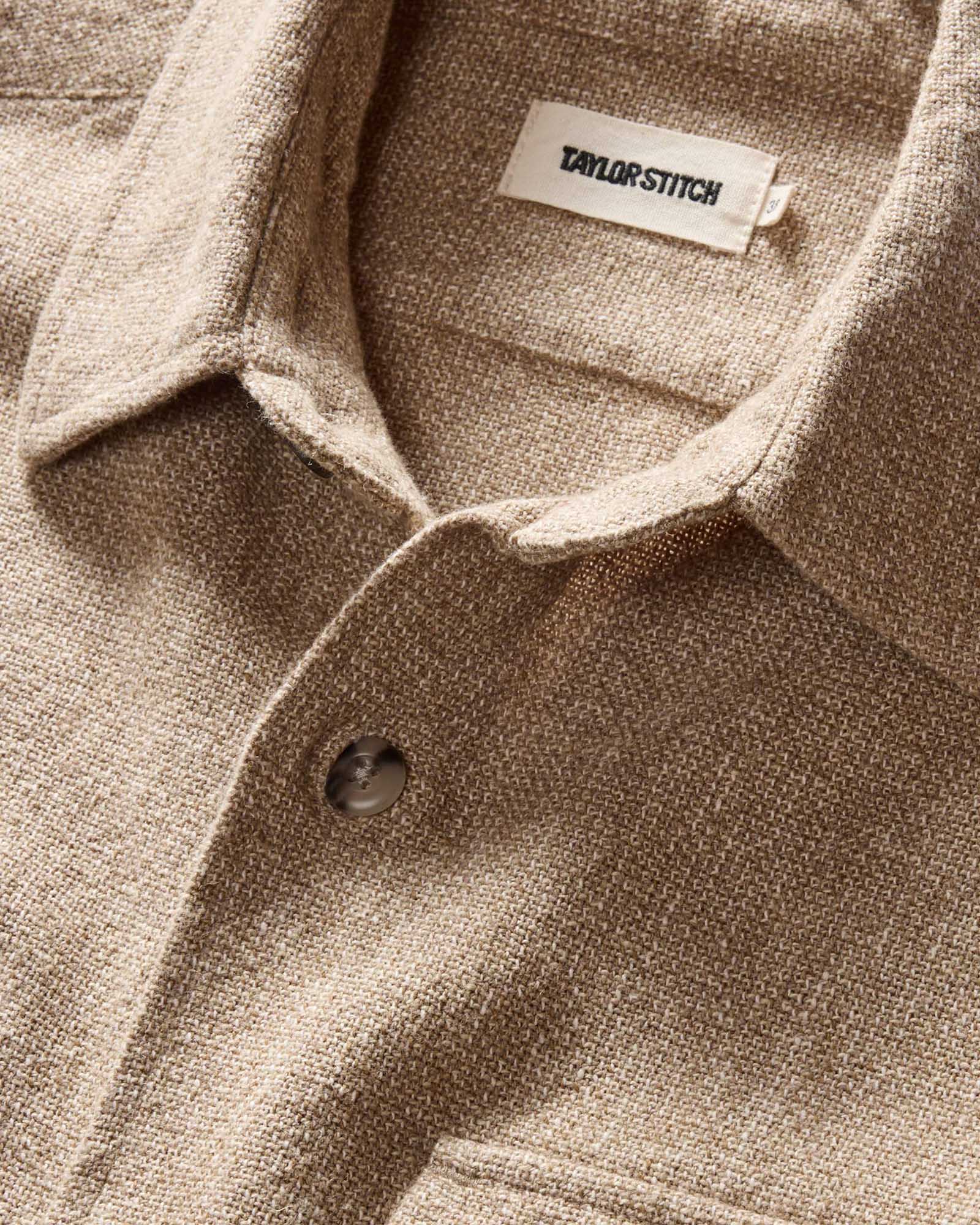material shot of the collar on The Point Shirt in Heather Oat Linen Tweed, Wovens by Taylor Stitch