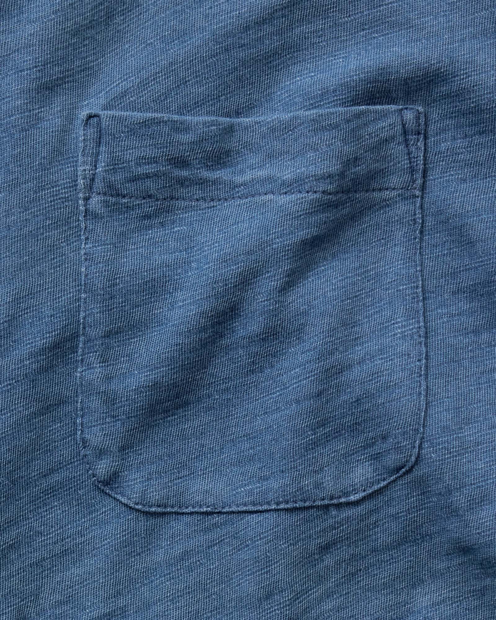 editorial image of the collar on The Short Sleeve California in Washed Indigo Slub, Wovens by Taylor Stitch