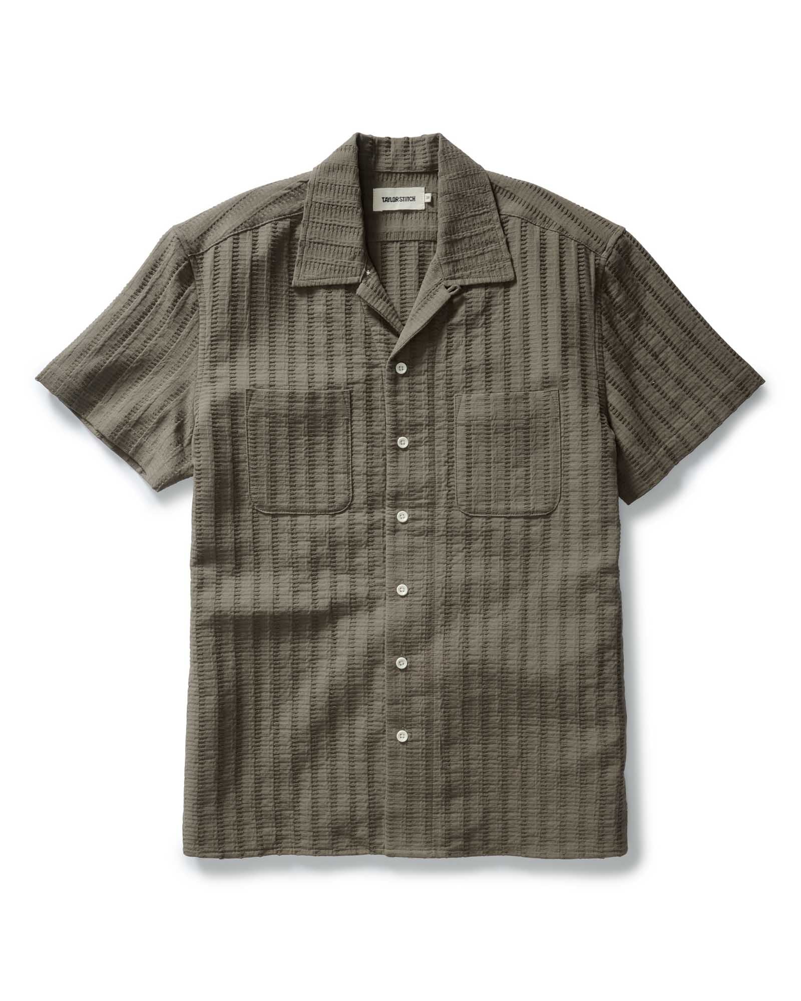 flatlay of The Conrad Shirt in Fatigue Olive Dobby Stripe, Wovens by Taylor Stitch