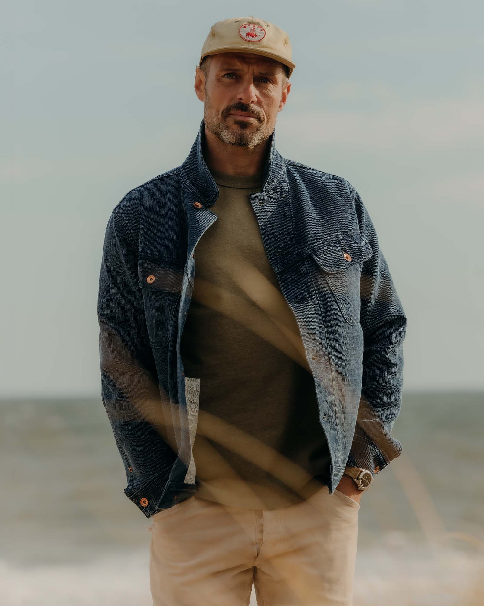 fit model in The Long Haul Jacket in Rinsed Indigo Waffle, Outerwear by Taylor Stitch