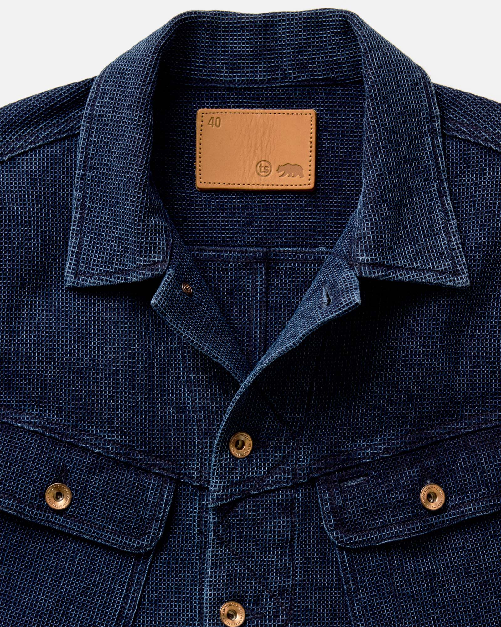 fit model showing the collar detail on The Long Haul Jacket in Rinsed Indigo Waffle, Outerwear by Taylor Stitch