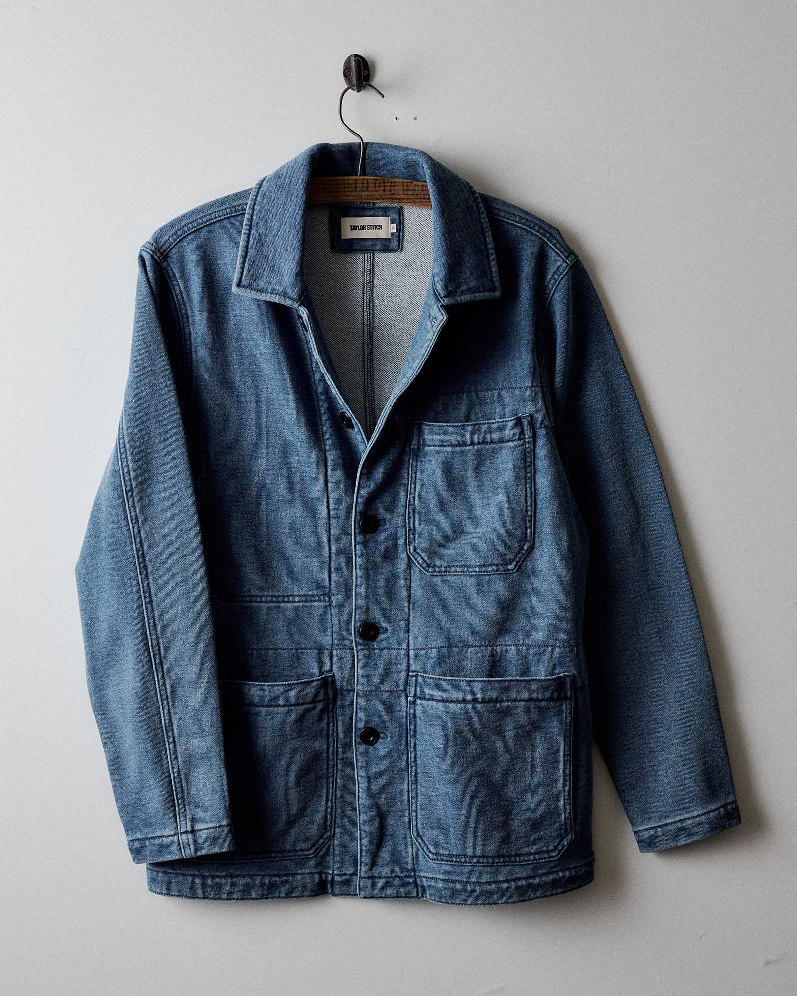 editorial image of The Primer Jacket in Washed Indigo Terry hanging, Outerwear by Taylor Stitch