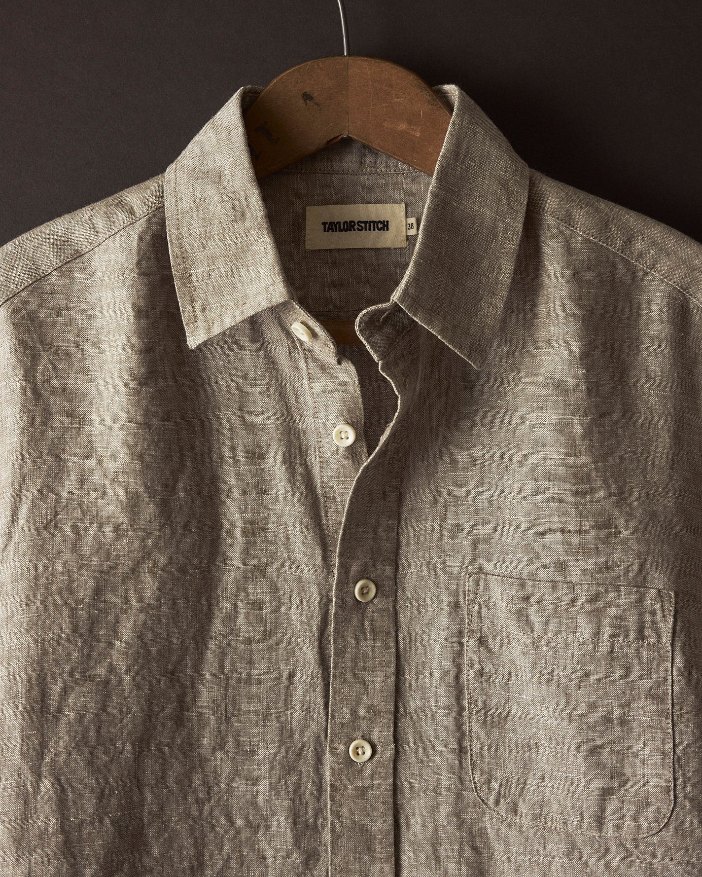editorial image of The Short Sleeve California in Morel Hemp hanging, Wovens by Taylor Stitch