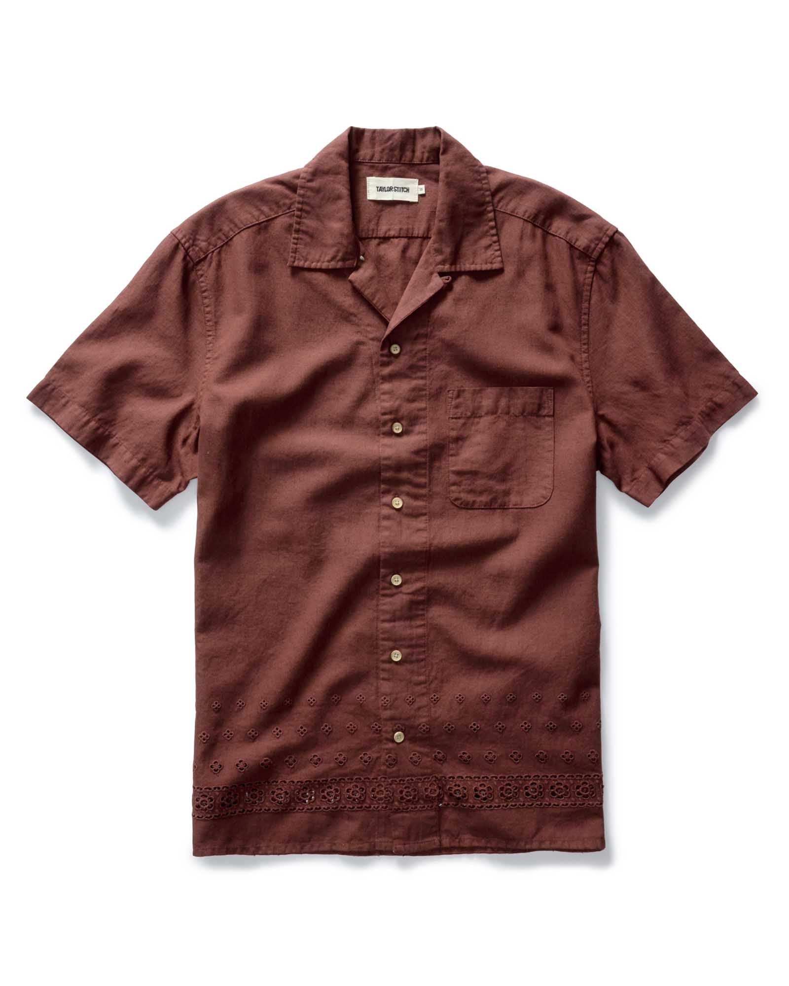 flatlay of The Hawthorne Shirt in Red Wine Border Eyelet, Wovens by Taylor Stitch