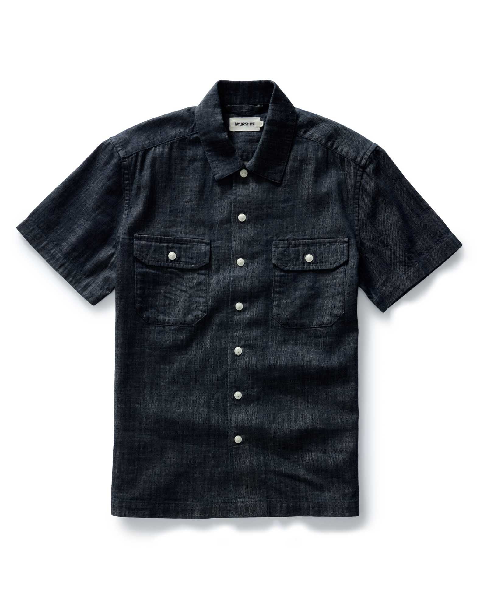 flatlay of The Short Sleeve Mechanic Shirt in Rinsed Indigo Denim, Wovens by Taylor Stitch
