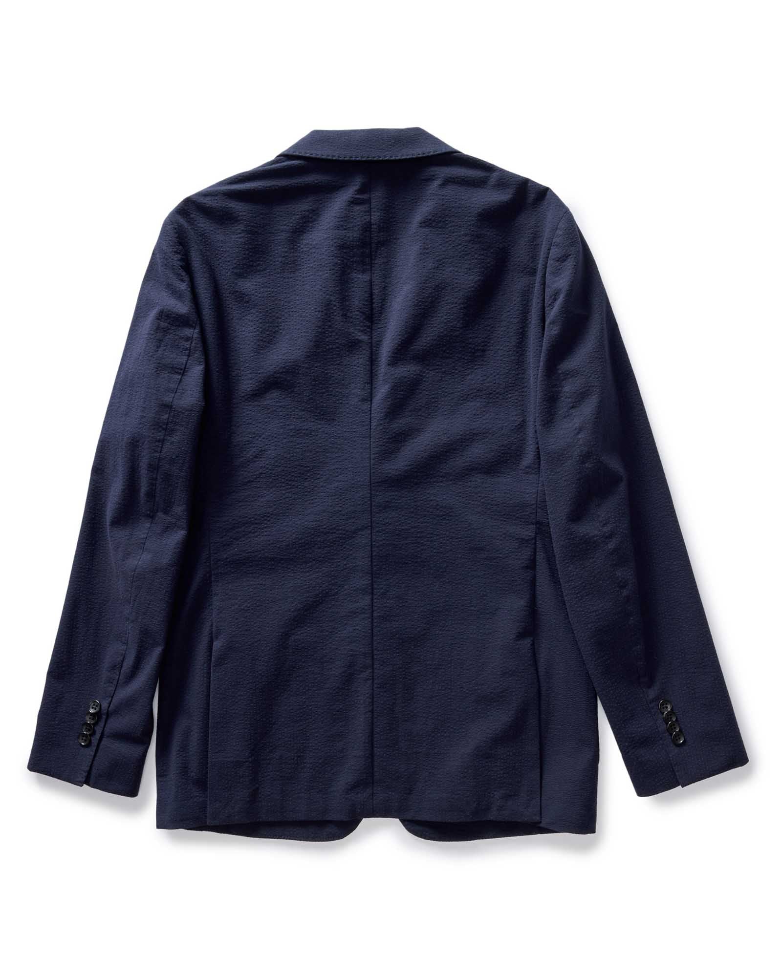 flatlay of the back of The Stevens Sportcoat in Navy Linen Seersucker, Outerwear by Taylor Stitch