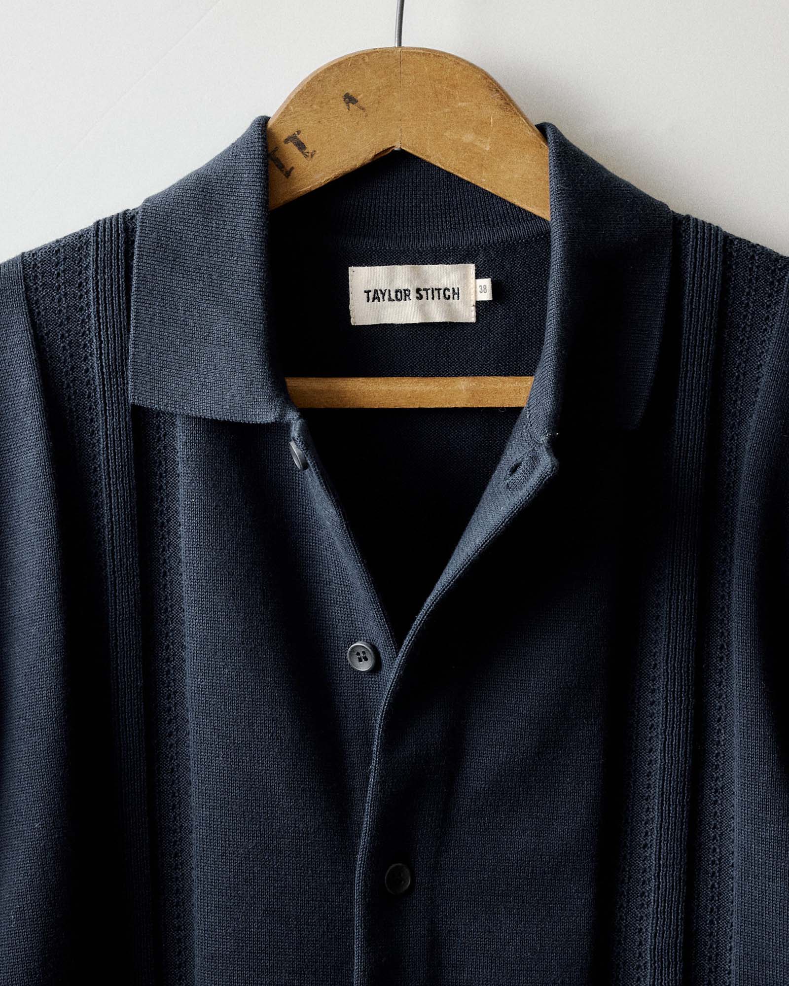 material shot of the collar on The Button Down Polo in Dark Navy Stripe, Knits by Taylor Stitch