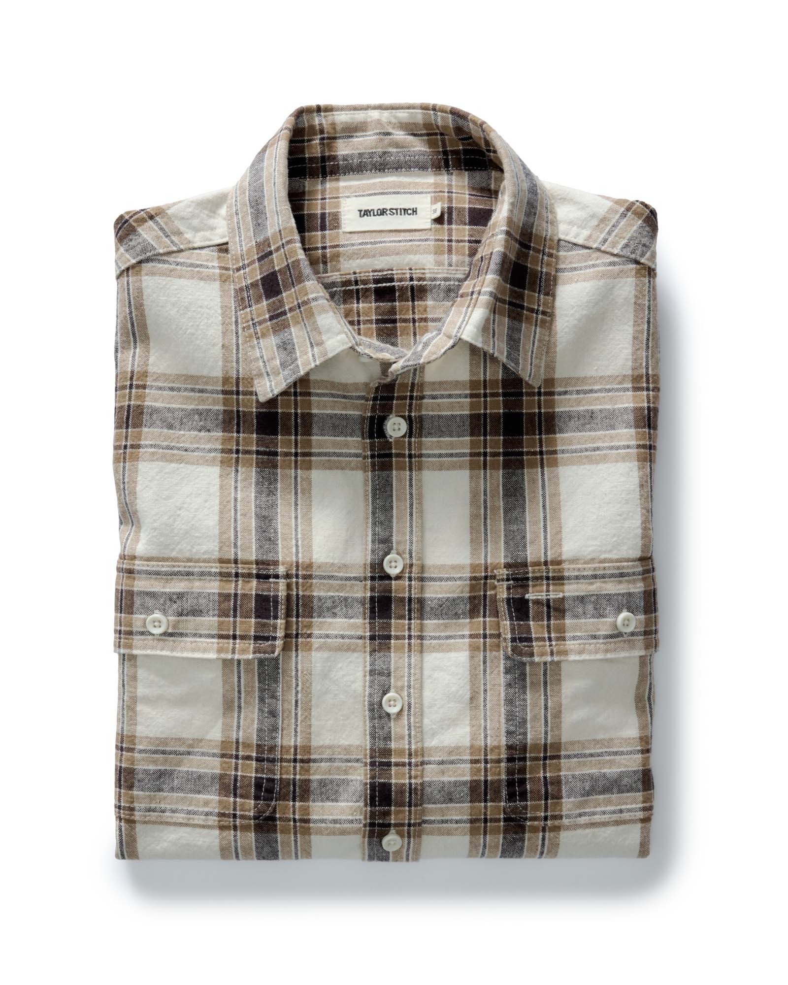 folded flatlay of The Craftsman Shirt in Bark Plaid Linen, Wovens by Taylor Stitch