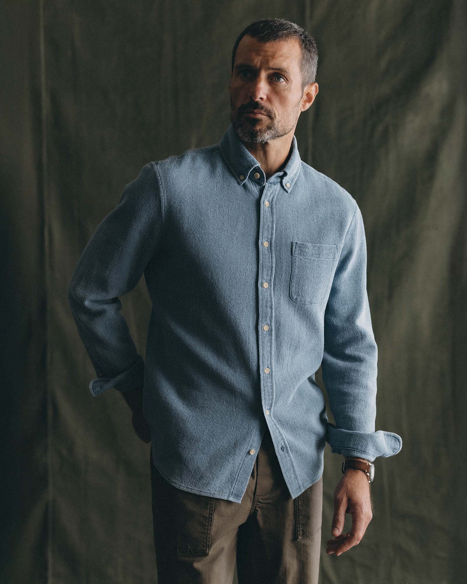 fit model posing in The Jack in Washed Indigo Waffle, Wovens by Taylor Stitch