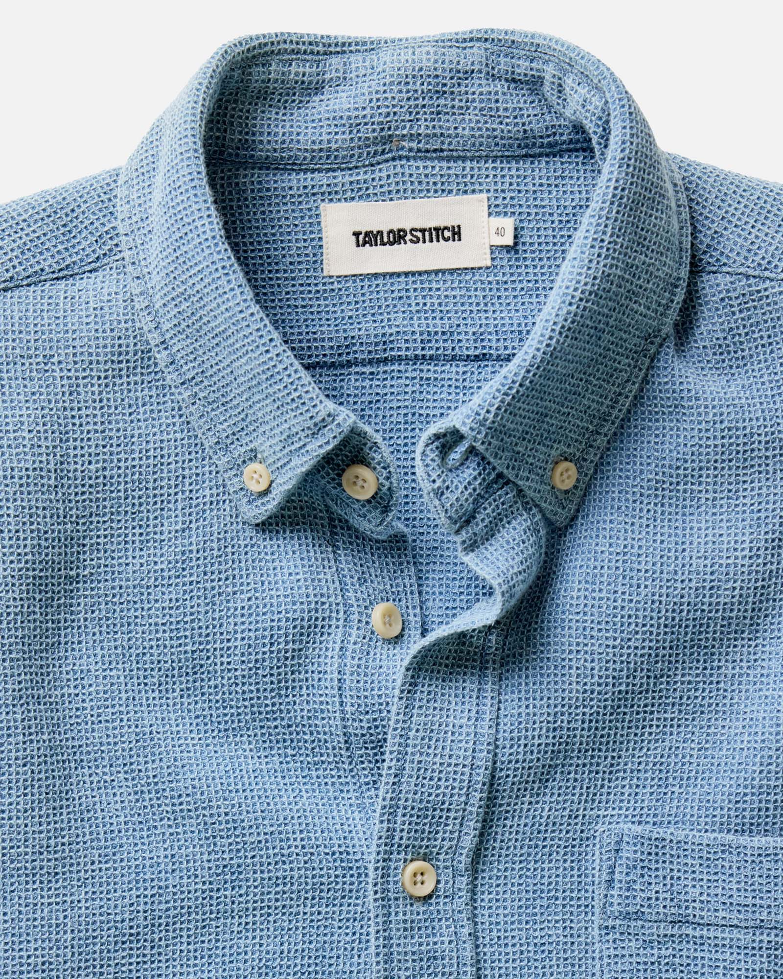 material shot of the texture on The Jack in Washed Indigo Waffle, Wovens by Taylor Stitch