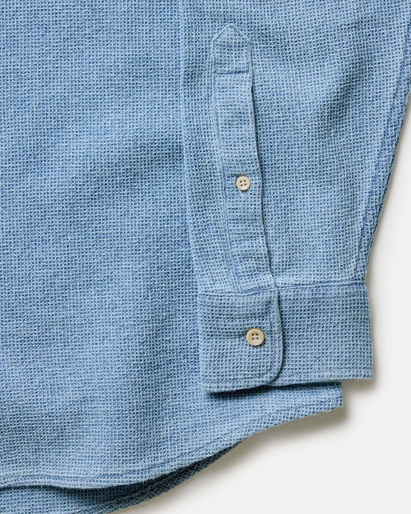 material shot of the back collar on The Jack in Washed Indigo Waffle, Wovens by Taylor Stitch