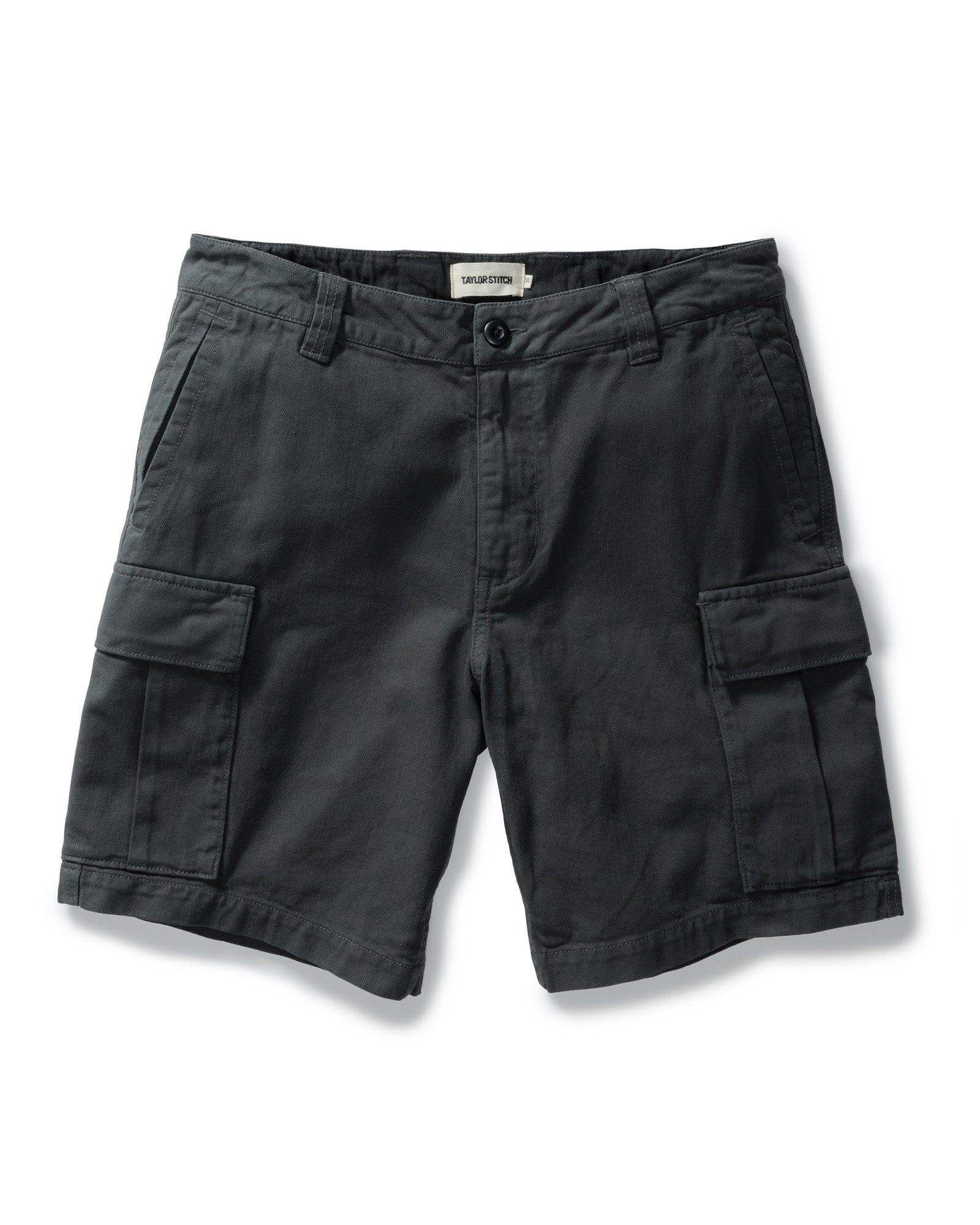 flatlay of The Tommie Short in Faded Black Broken Twill, Bottoms by Taylor Stitch