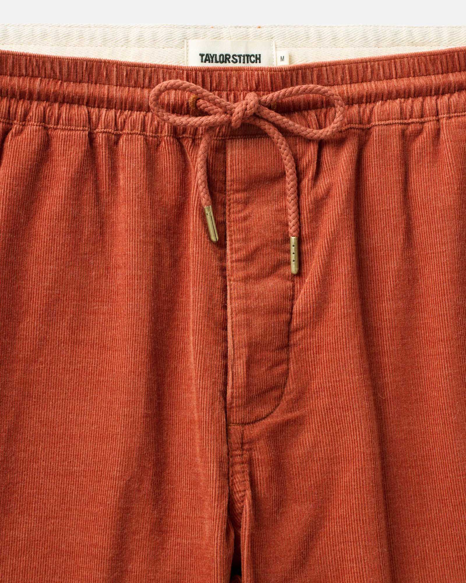material shot of the waistband on The Apres Short in Heather Chili Pincord, Bottoms by Taylor Stitch