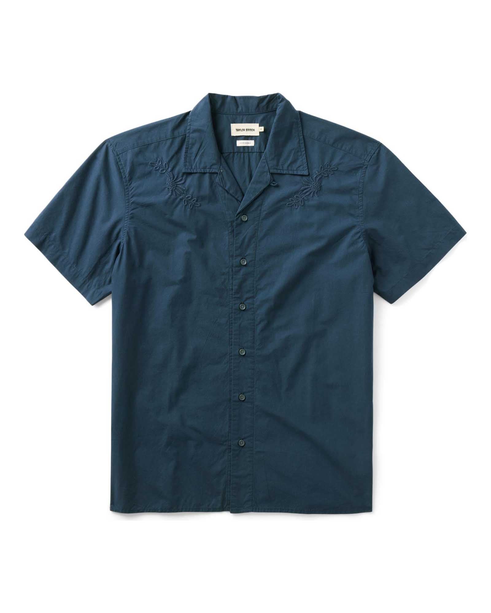 flatlay of The Davis Shirt in Navy Floral Embroidery, Wovens by Taylor Stitch
