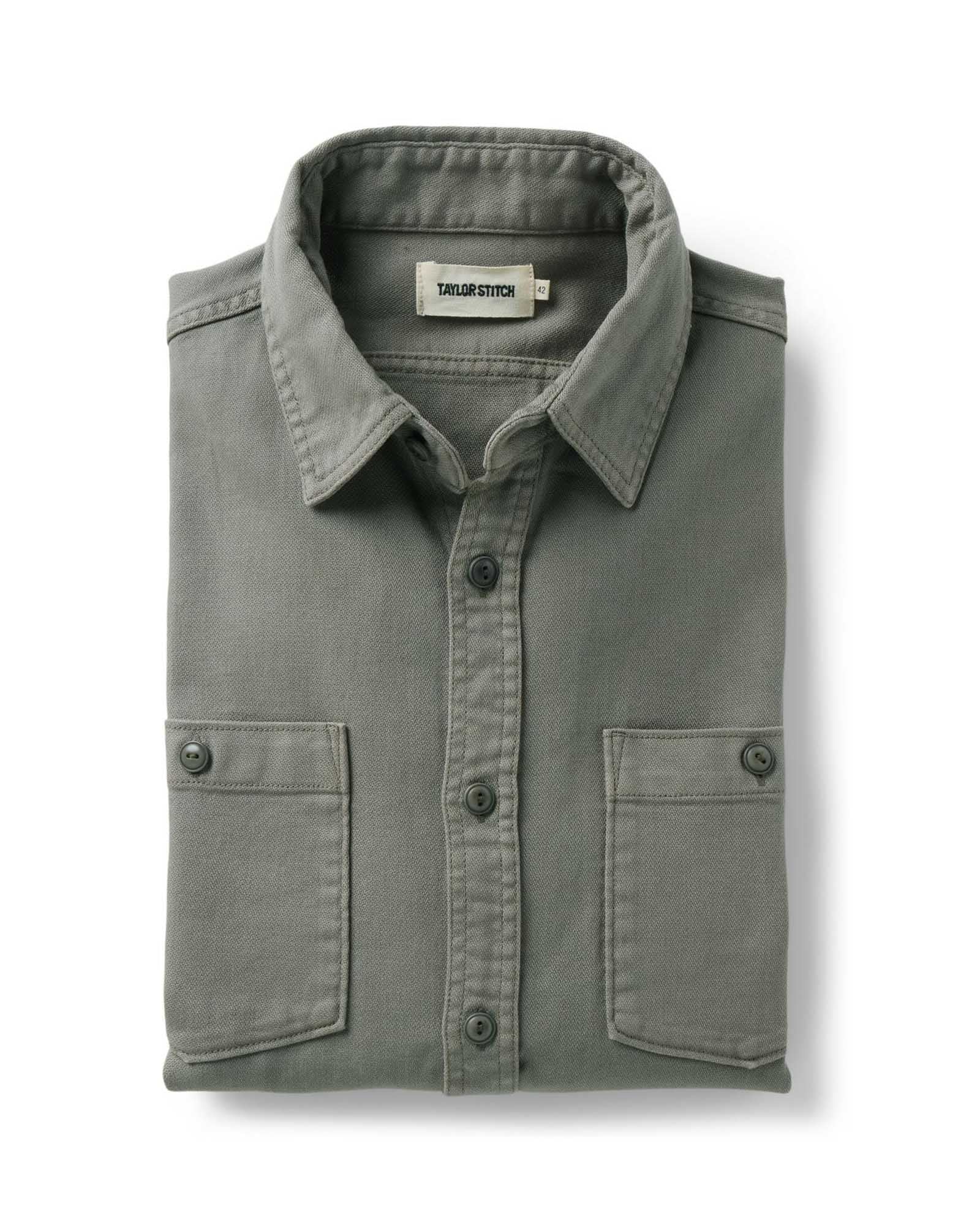 folded flatlay of The Dispatch Shirt in Smoked Olive Broken Twill, Wovens by Taylor Stitch