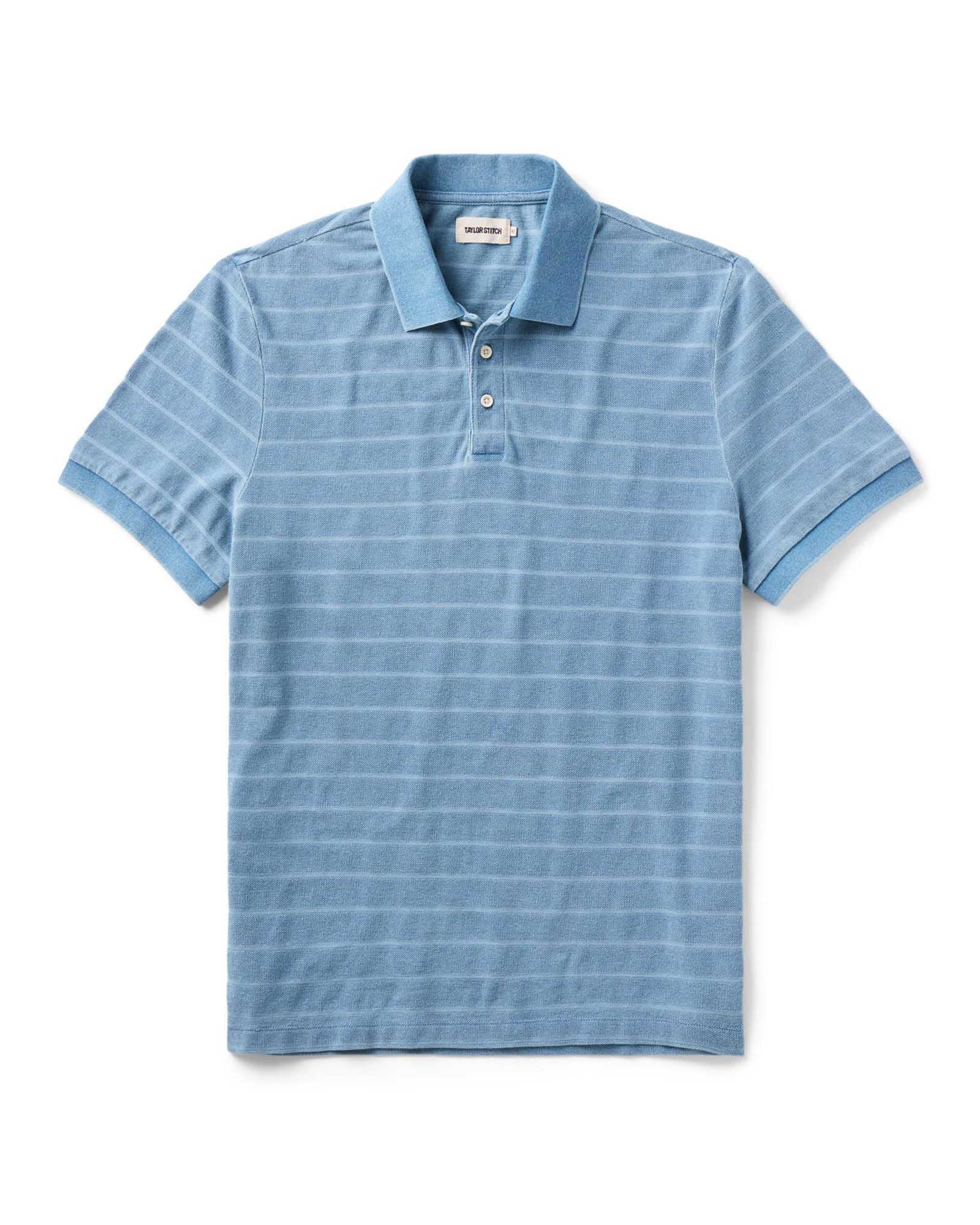 flatlay of The Pacific Polo in Washed Indigo Pique Stripe, Knits by Taylor Stitch