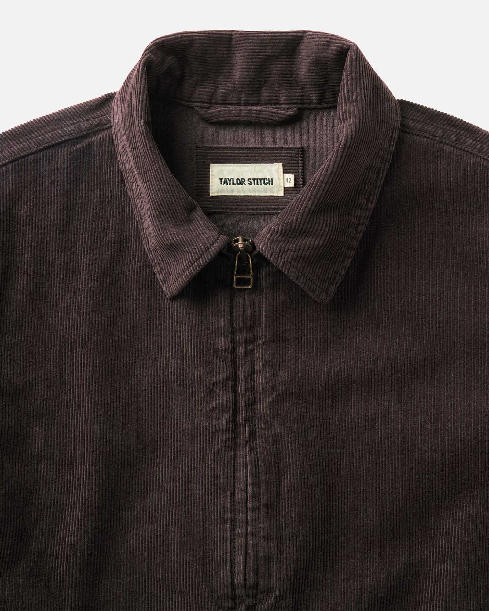 material shot of the collar on The Piston Jacket in Coal Corduroy, Outerwear by Taylor Stitch