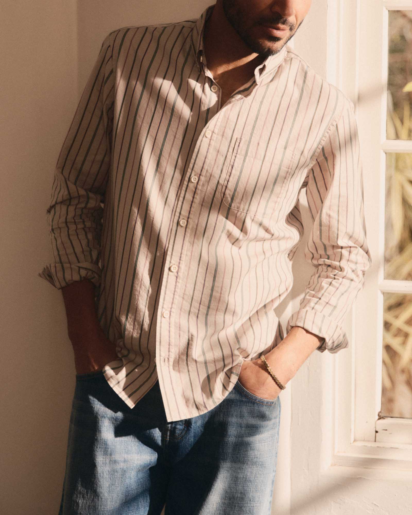 fit model posing in The Jack in Algiers Stripe, Wovens by Taylor Stitch