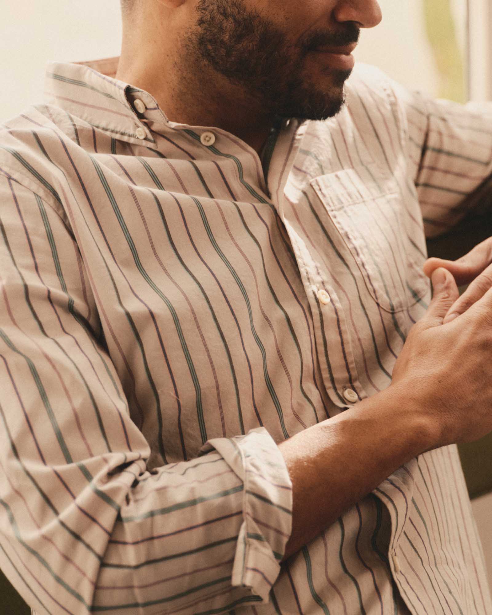 fit model showing off The Jack in Algiers Stripe, Wovens by Taylor Stitch