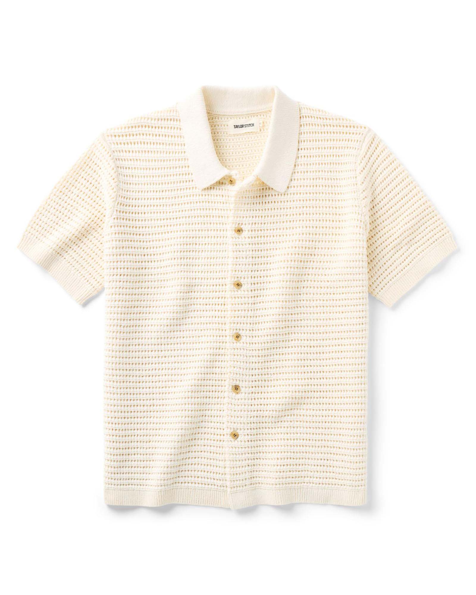 flatlay of The Monterey Sweater Polo in Vintage White Crochet, Knits by Taylor Stitch