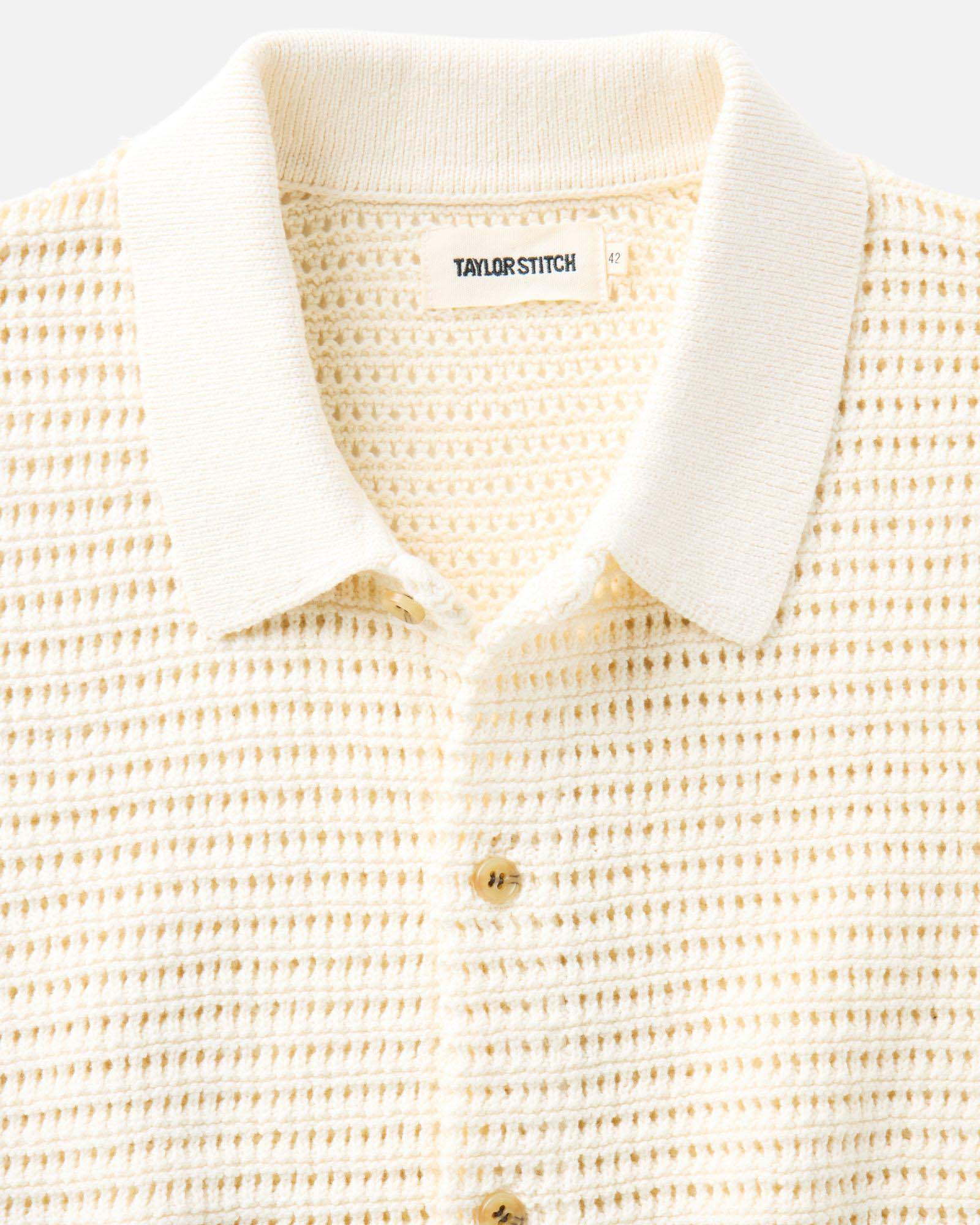 material shot of the collar on The Monterey Sweater Polo in Vintage White Crochet, Knits by Taylor Stitch
