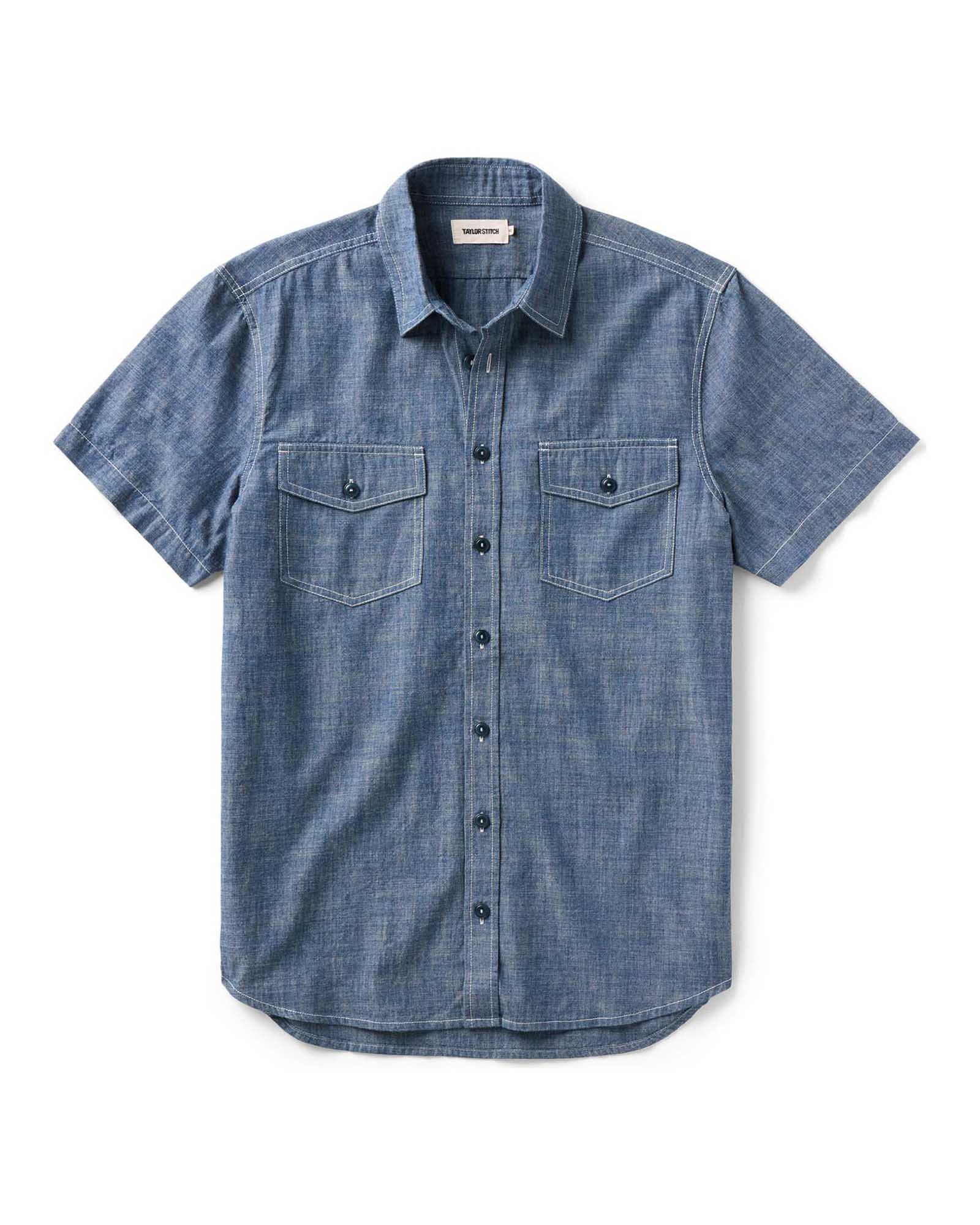 flatlay of The Short Sleeve Crew Shirt in Washed Indigo Chambray, Wovens by Taylor Stitch