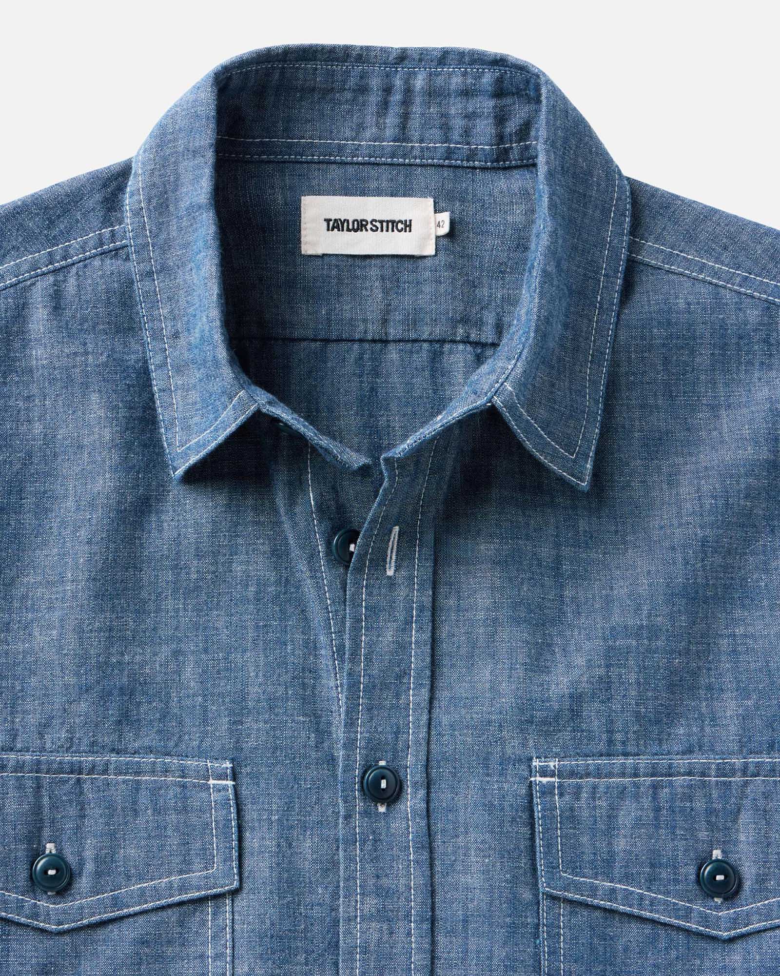 material shot of the collar on The Short Sleeve Crew Shirt in Washed Indigo Chambray, Wovens by Taylor Stitch